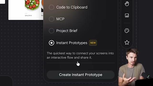 Stitch export options: Code to Clipboard, MCP, Project Brief, or Instant Prototypes for a one-click shareable flow