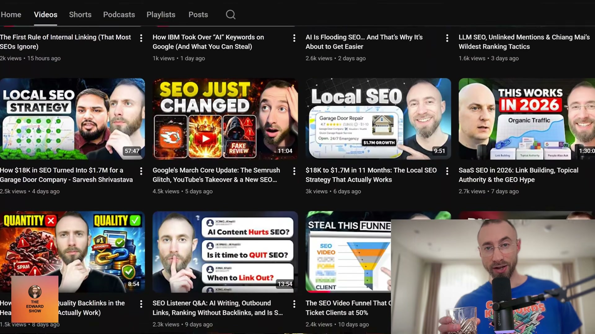 Edward's YouTube channel shows a high-volume output of SEO content — the direct product of a Pomodoro-disciplined workflow.