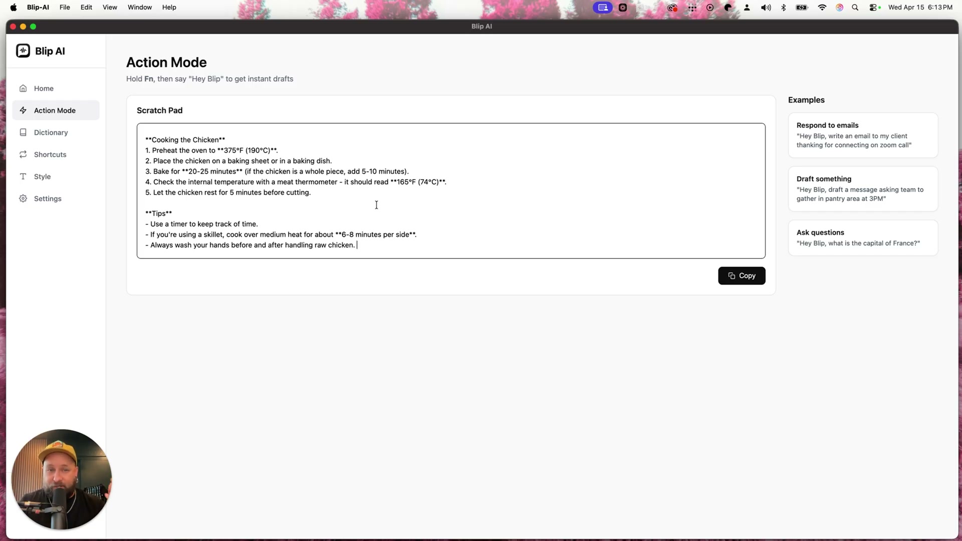 Blip AI's 'Processing...' indicator appears as it drafts an email directly inside Gmail