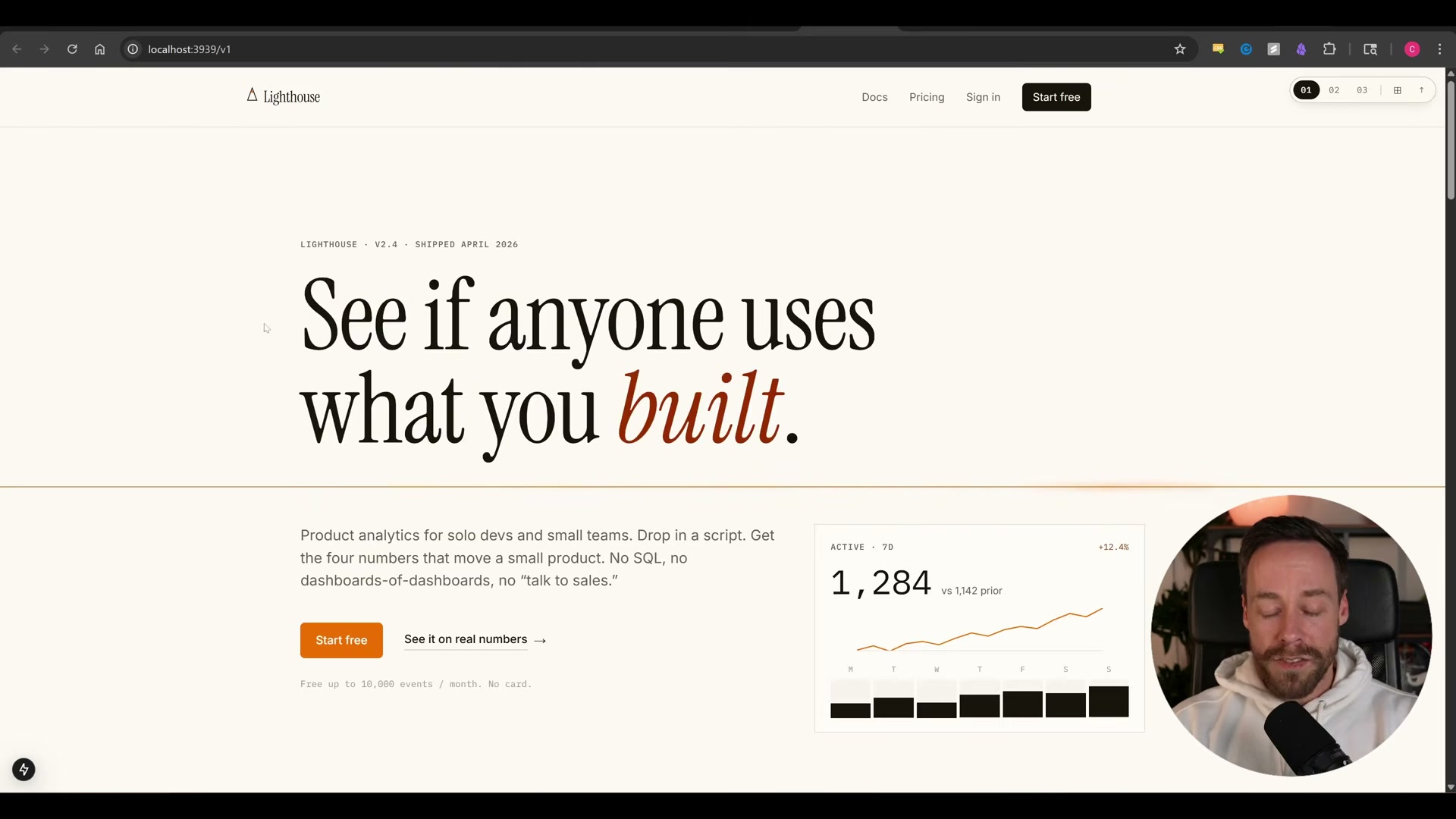 The Editorial variant hero: strong typographic hierarchy, a single orange CTA, and a live data widget — all generated by /impeccable craft from a text brief in one session.