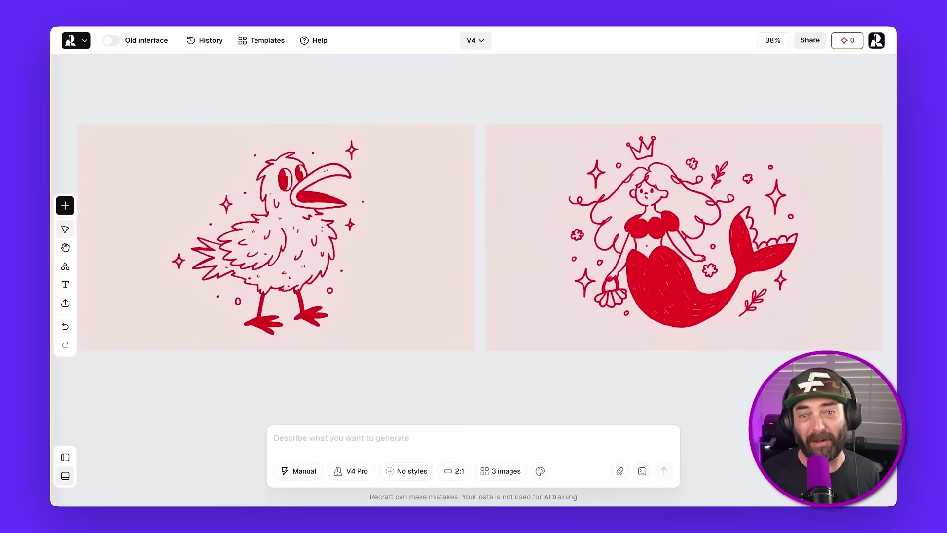 Recraft V4 Pro generates consistent line-art style across multiple outputs — style lock and 2:1 ratio settings visible