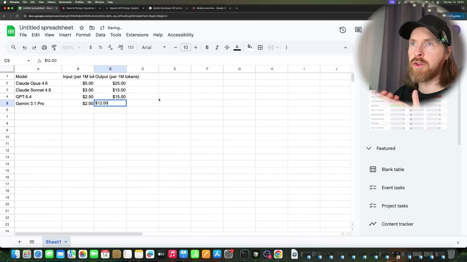 SurfAgent successfully populates a Google Sheet with LLM pricing data scraped from live web pages — no API keys required.