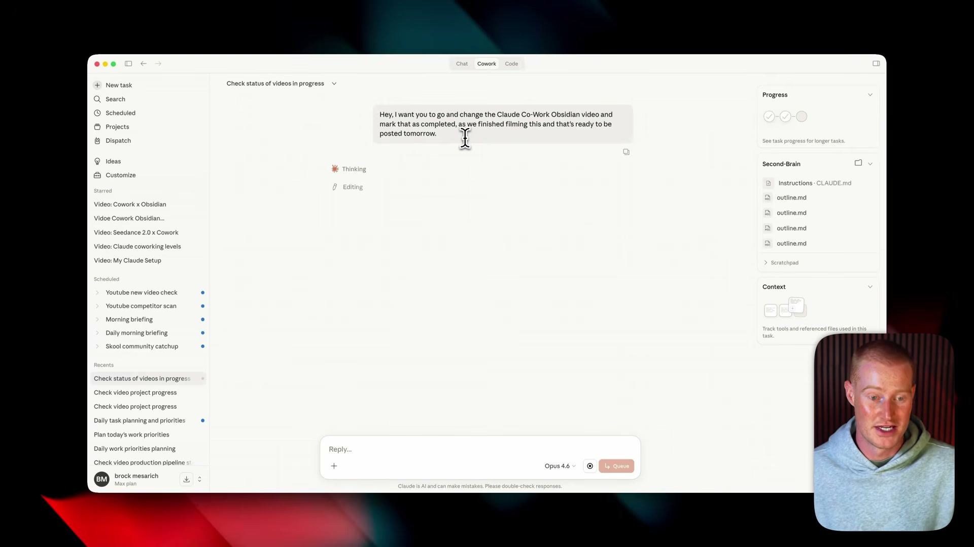 Claude writes back to the vault: one natural-language command updates a video's status across multiple outline notes — no manual file editing needed.