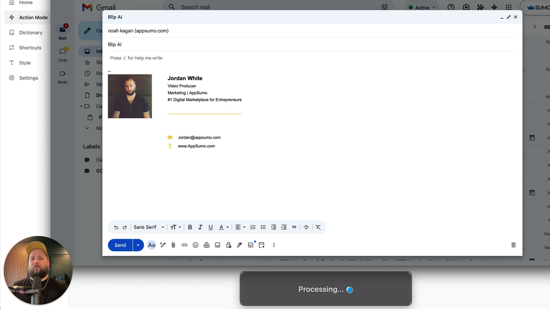 Blip AI generates a complete interview email with 7 questions inside Gmail — no typing required