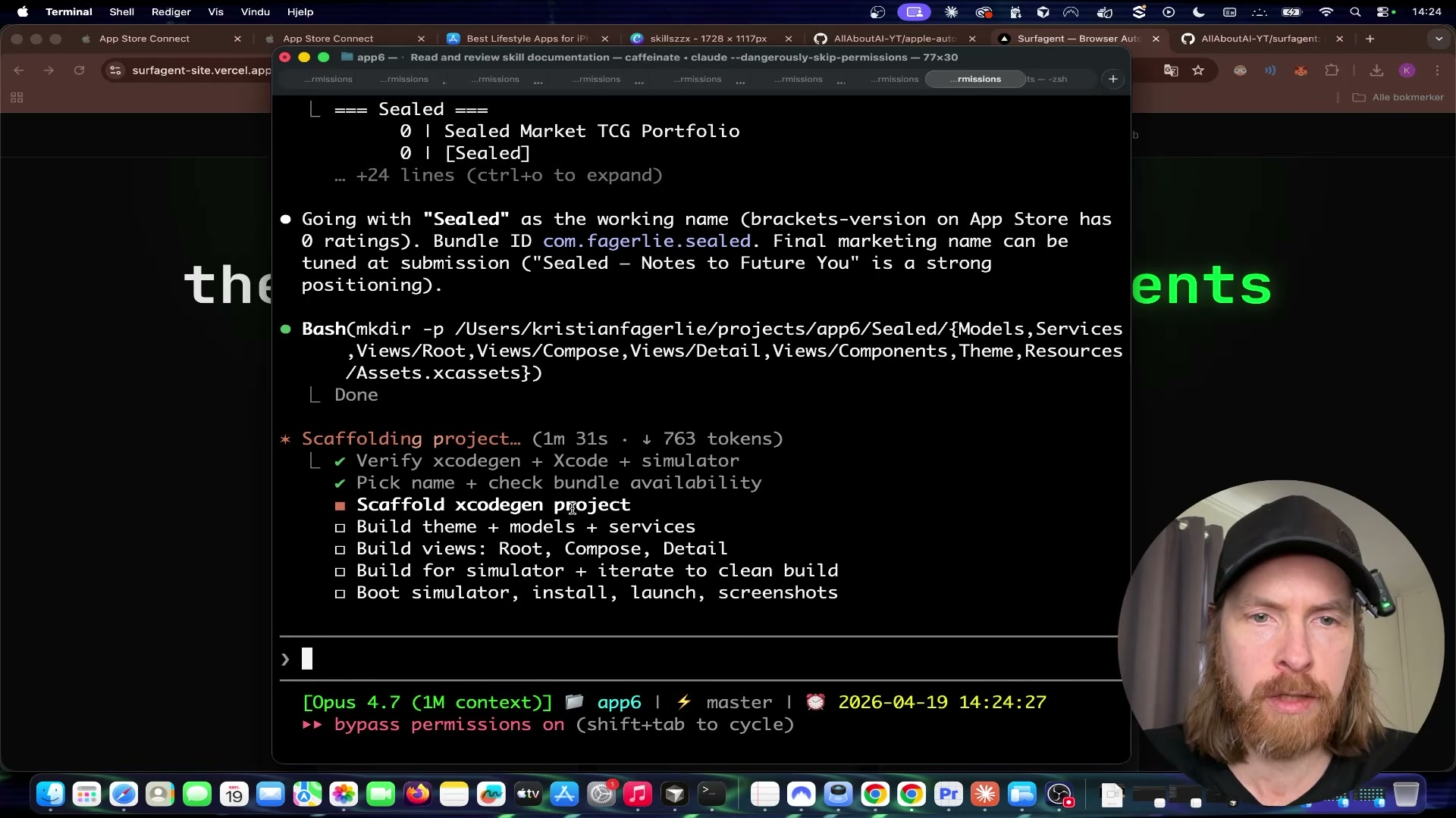 Claude Code scaffolds the 'Sealed' Xcode project — creating the full SwiftUI folder hierarchy automatically from the spec.