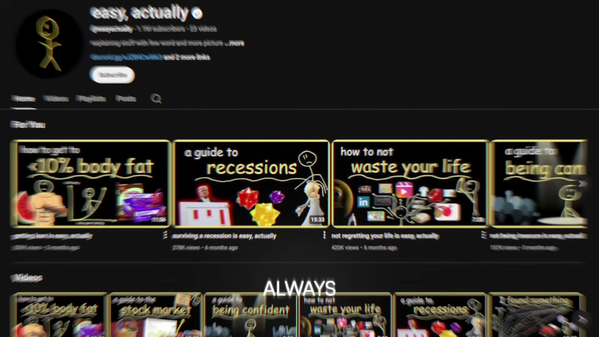 'easy, actually' — 1.1M subscribers built on consistent faceless animated thumbnails across 23 videos