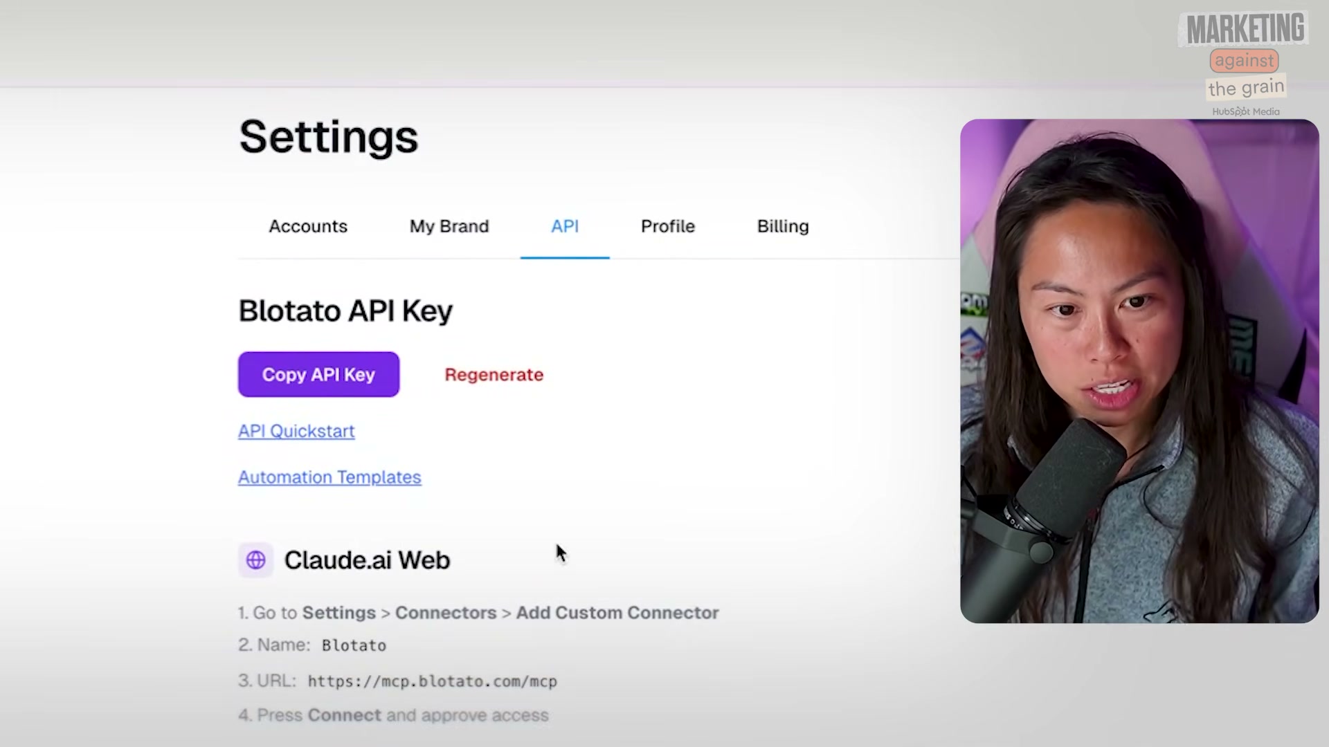 Blotato MCP connector setup: copy your API key and add https://mcp.blotato.com/mcp as a custom connector in Claude Settings