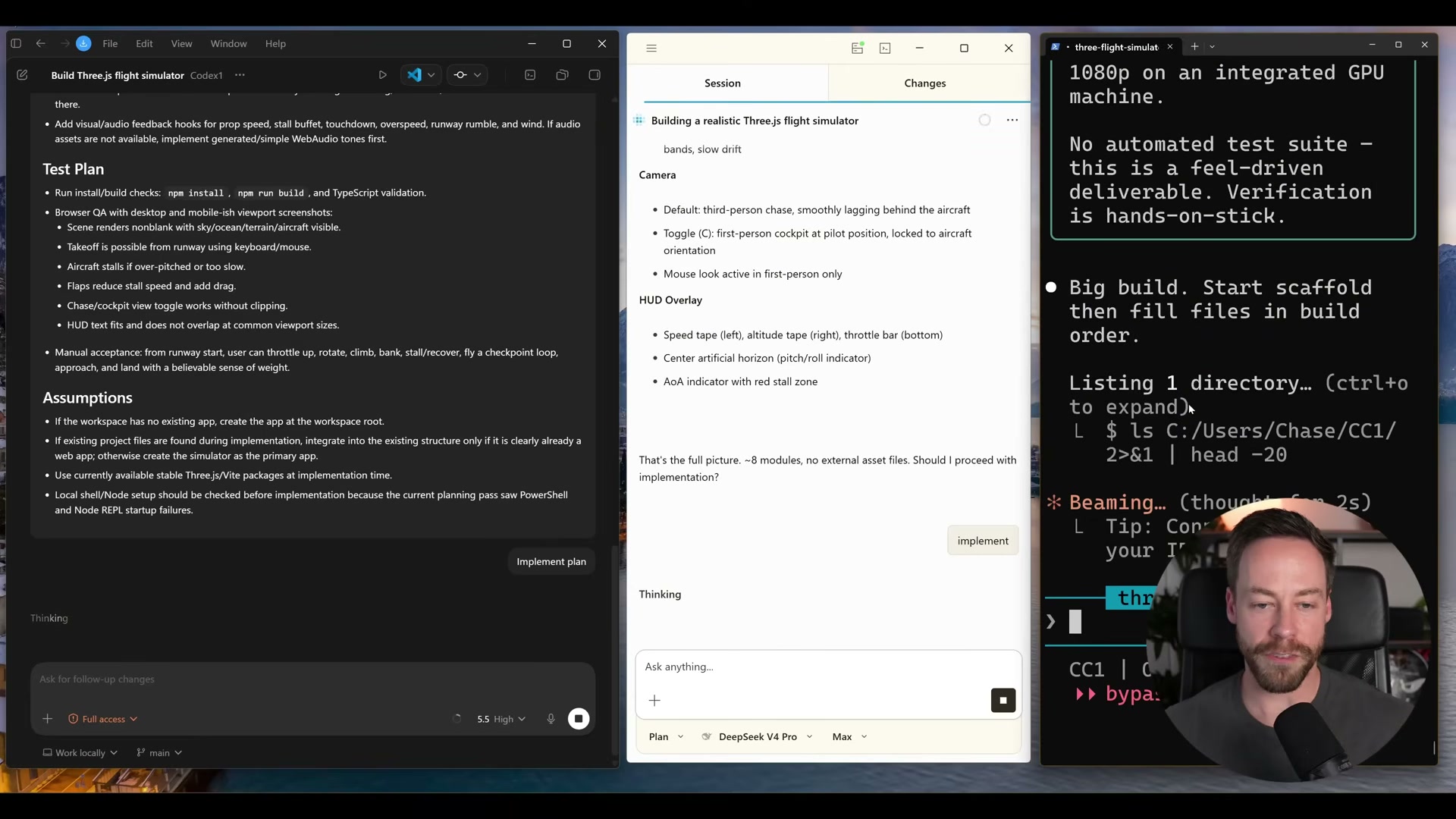 First build result: a working Three.js flight simulator in the browser — KIAS 57, full throttle, with HUD instrumentation and chase cam active.