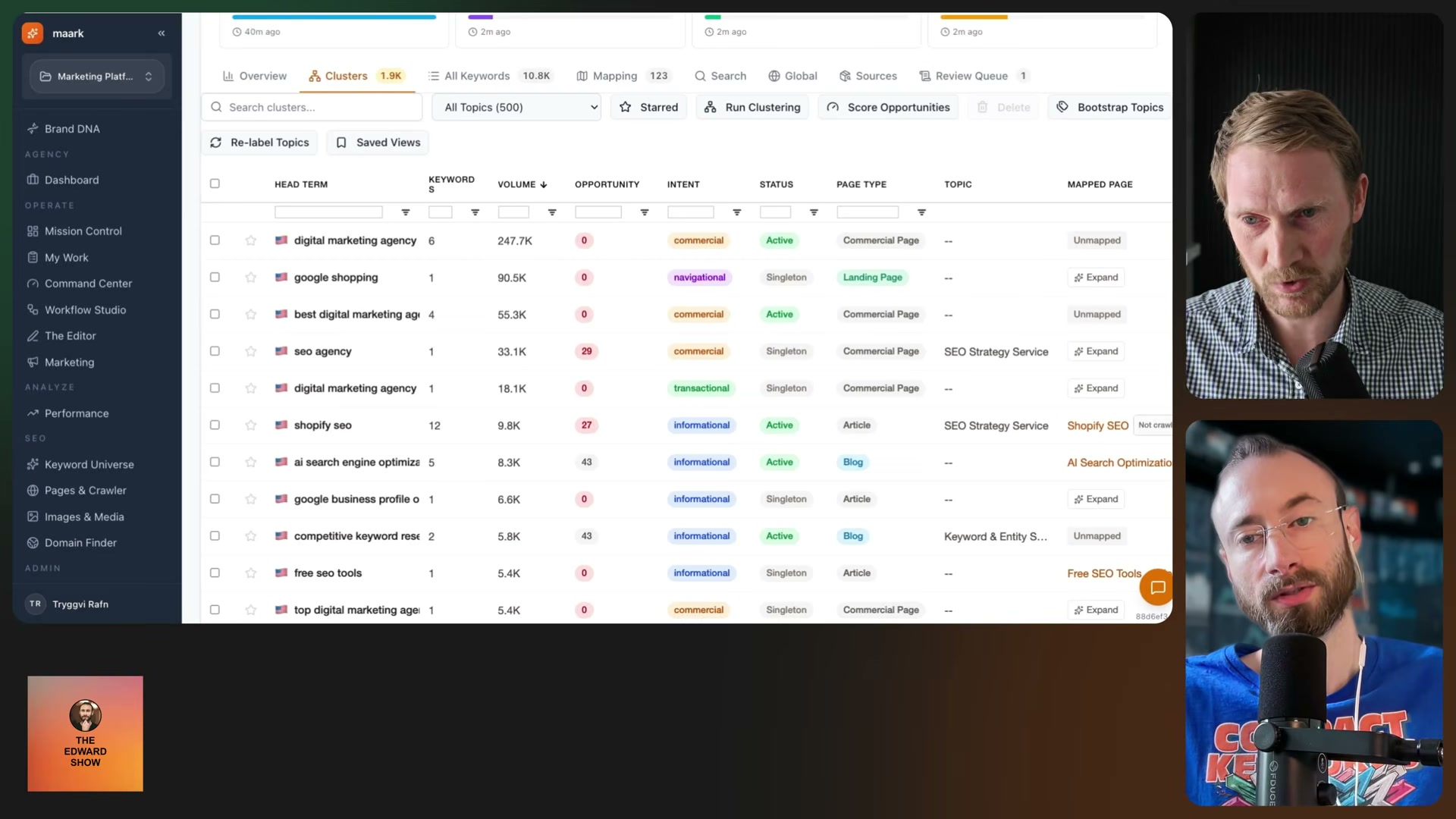 The Keyword Universe overview dashboard tracks all four pipeline stages simultaneously: SERP analysis, enrichment, and clustering run in parallel against 7,332 keywords.