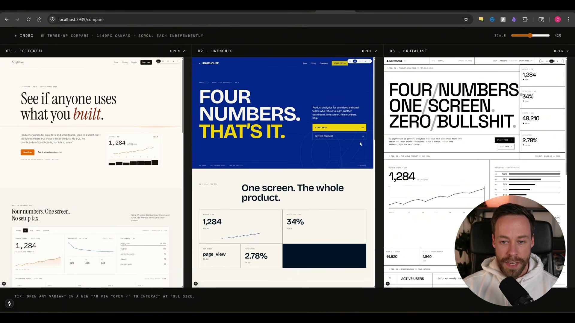 /impeccable craft generates 3 design variants simultaneously — Editorial, Drenched, and Brutalist — on a 1440px compare canvas you can scroll independently.