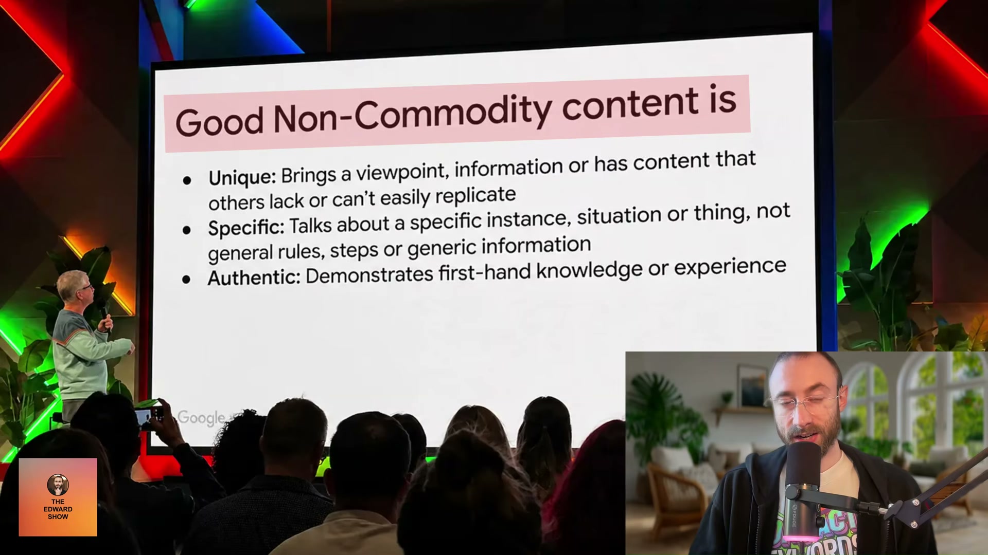 Google's own three-part definition of non-commodity content: Unique, Specific, and Authentic — straight from Search Central Live Toronto
