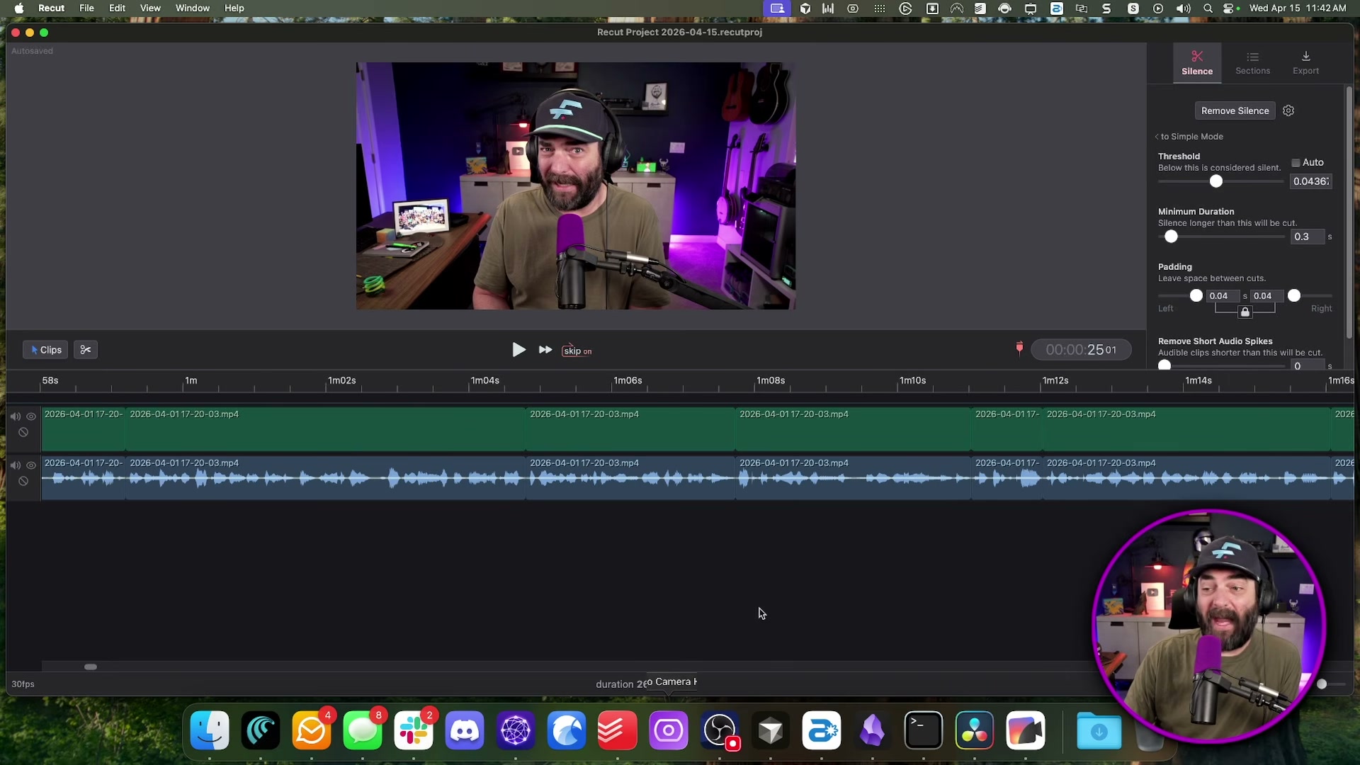 After silence removal in Recut: 478 individual cuts now visible as separate segments in the timeline