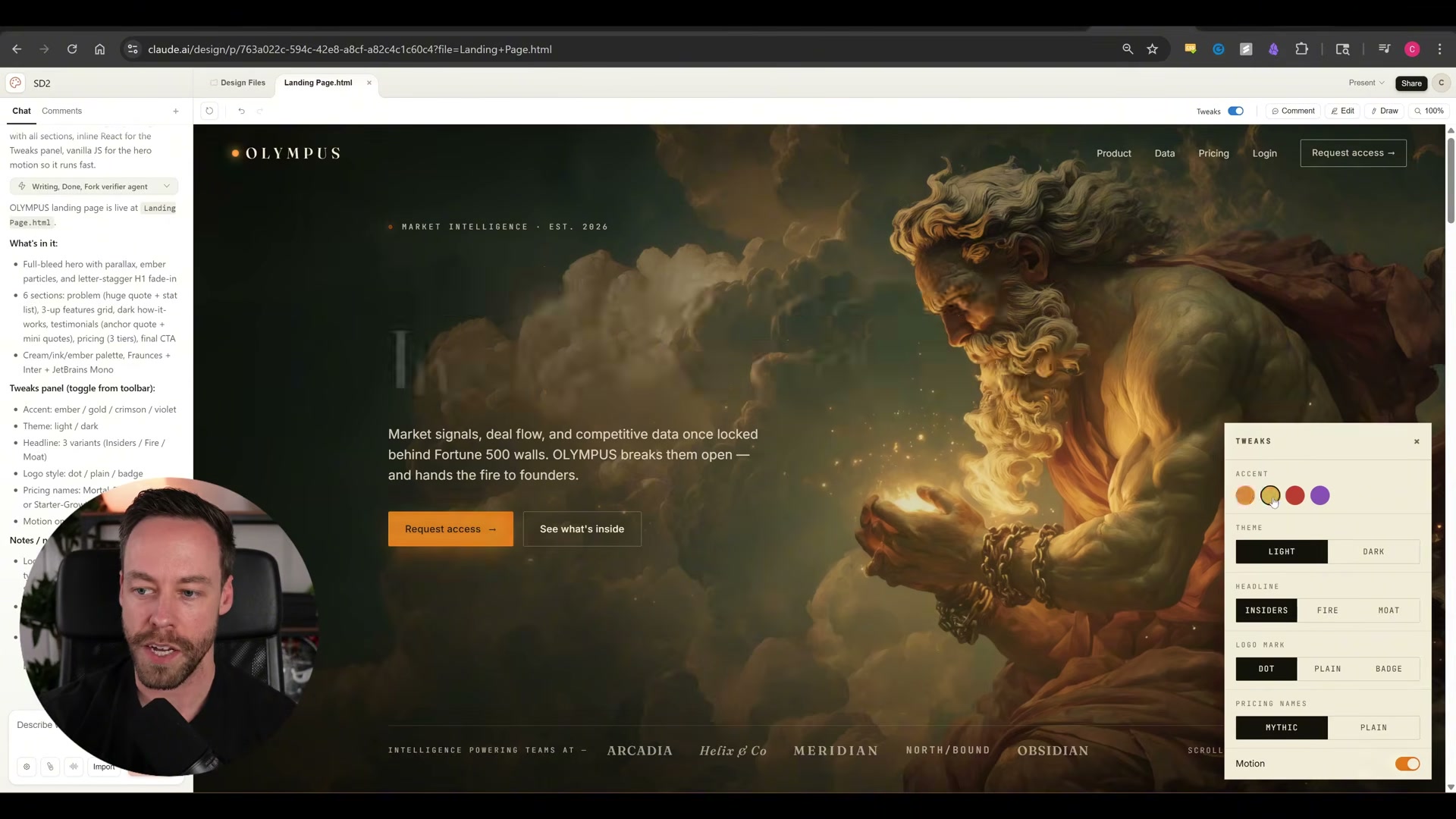 Claude Design's first full render of the OLYMPUS landing page: full-bleed Prometheus hero, ember-gold CTA, and the live Tweaks panel for real-time accent and headline variant switching.