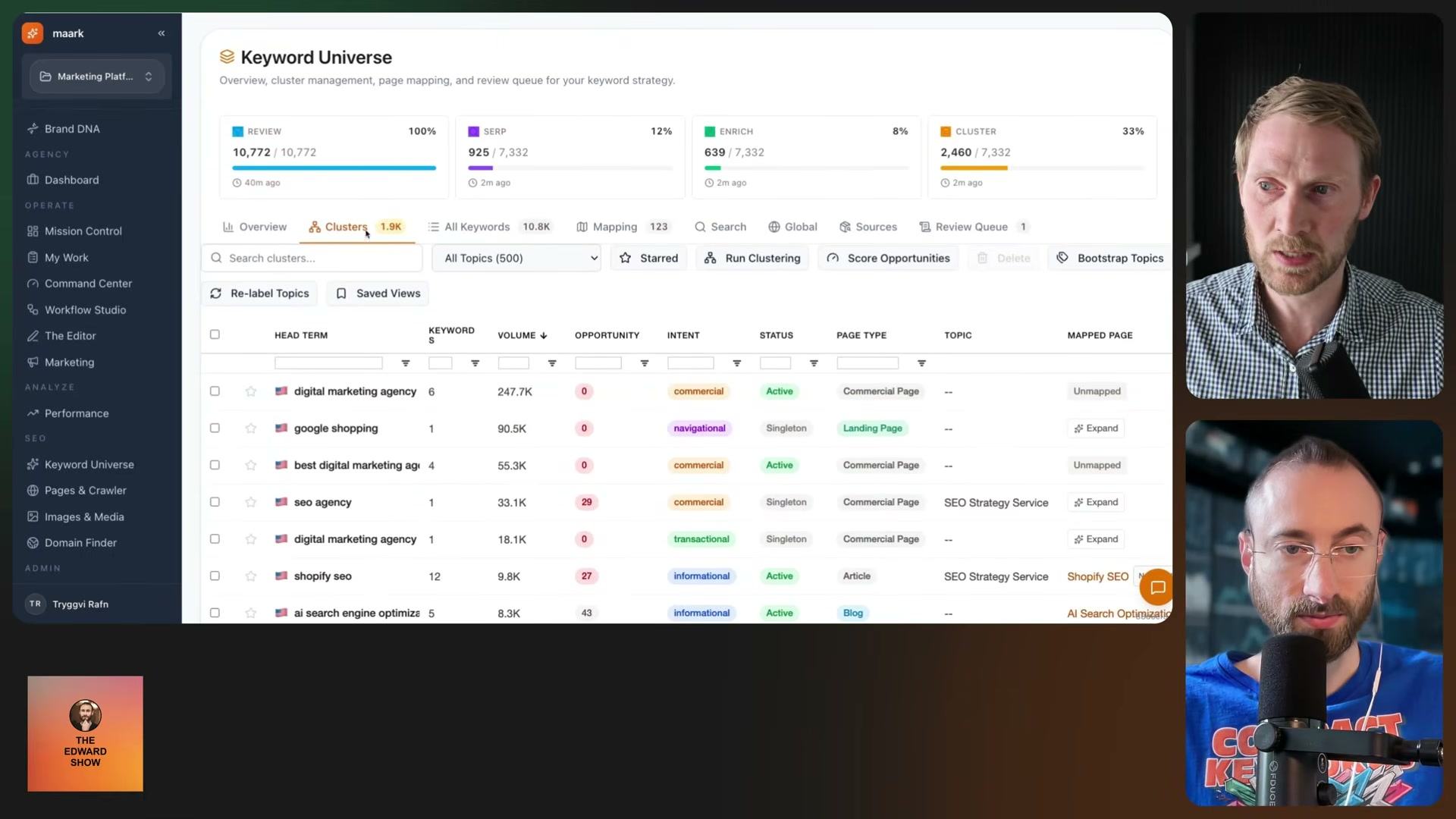 Mission Control's agent roster shows 8 AI specialists — from researcher to auditor — and the human review team that approves each piece before it goes live.