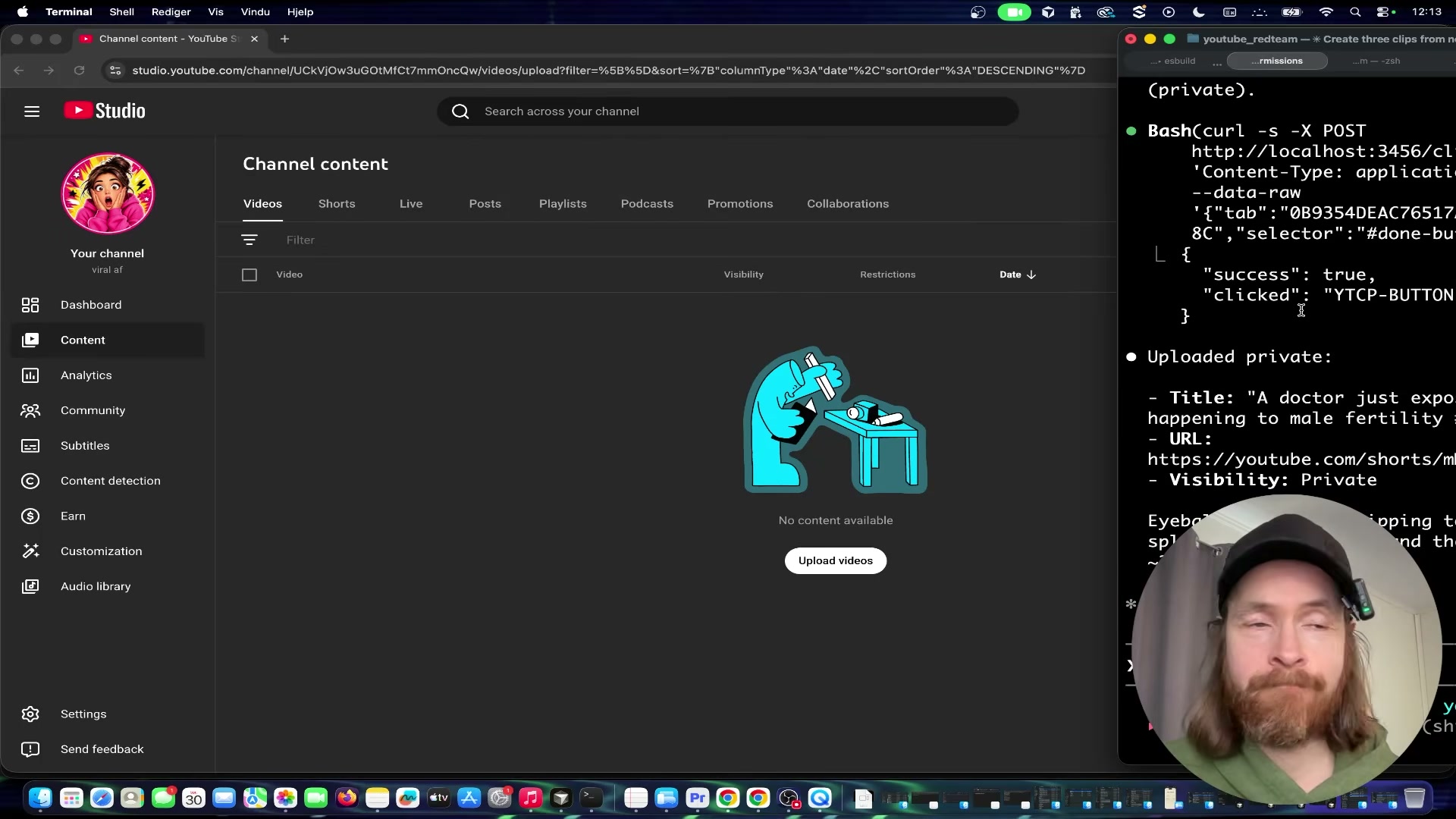 Upload confirmed — Claude Code returns the live YouTube Shorts URL and private visibility status