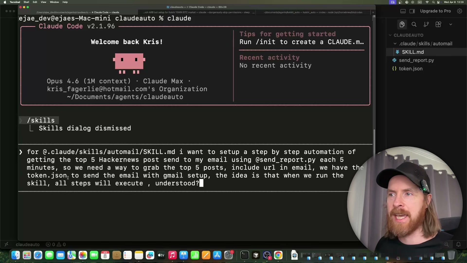 The automail skill's intermediate output: news.json holds the top 5 Hacker News posts with scores and URLs, ready to be formatted into an email.