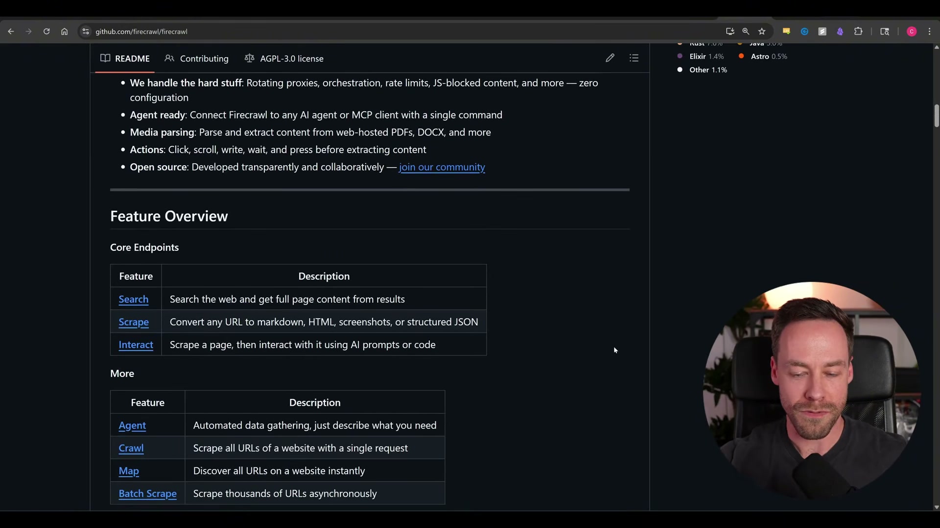 Firecrawl feature table: Search, Scrape, Interact, Crawl, Map, and Batch Scrape — all available to Claude agents