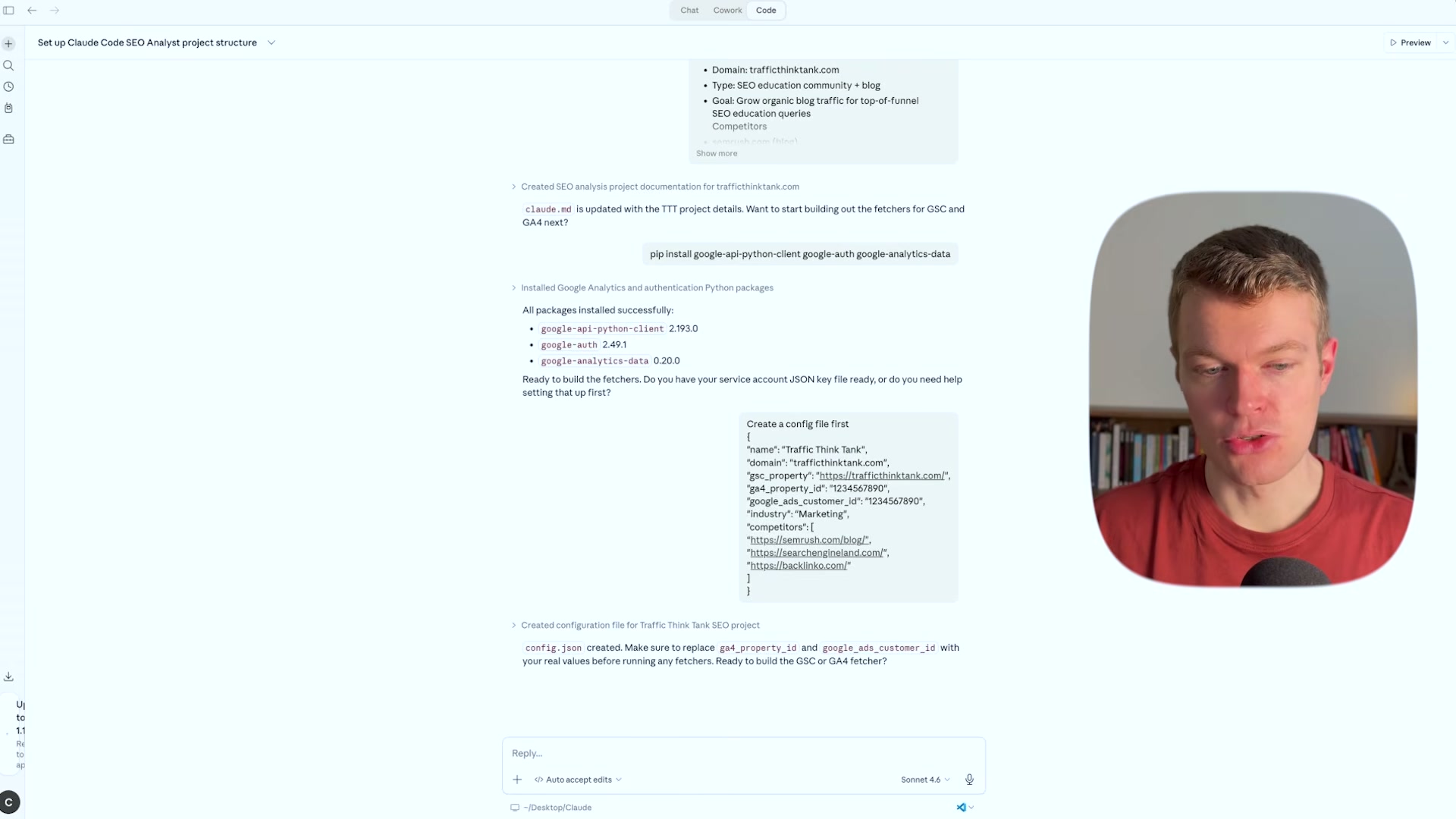 Packages installed and config.json created — Claude Code scaffolds both the GSC and GA4 fetcher scripts