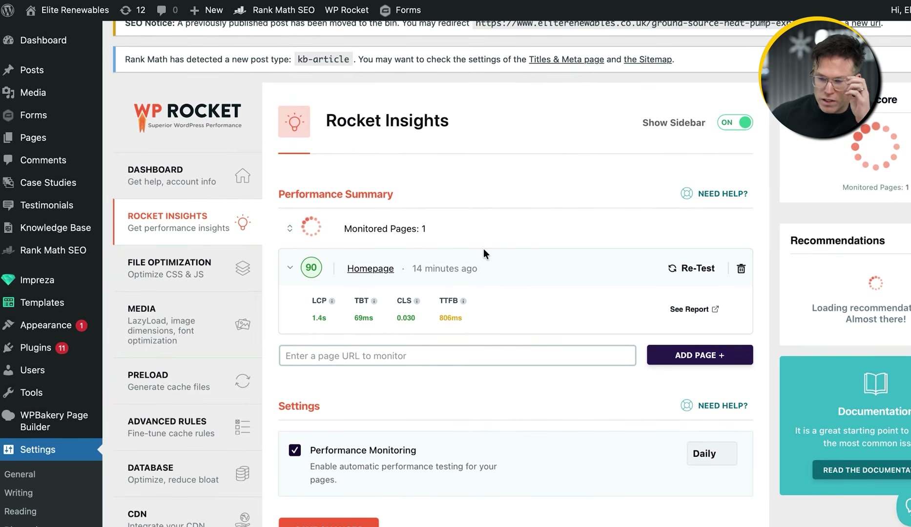 The WP Rocket Insights dashboard inside WordPress shows live Core Web Vitals — LCP, TBT, CLS, and TTFB — for each monitored page, updated on a daily schedule.