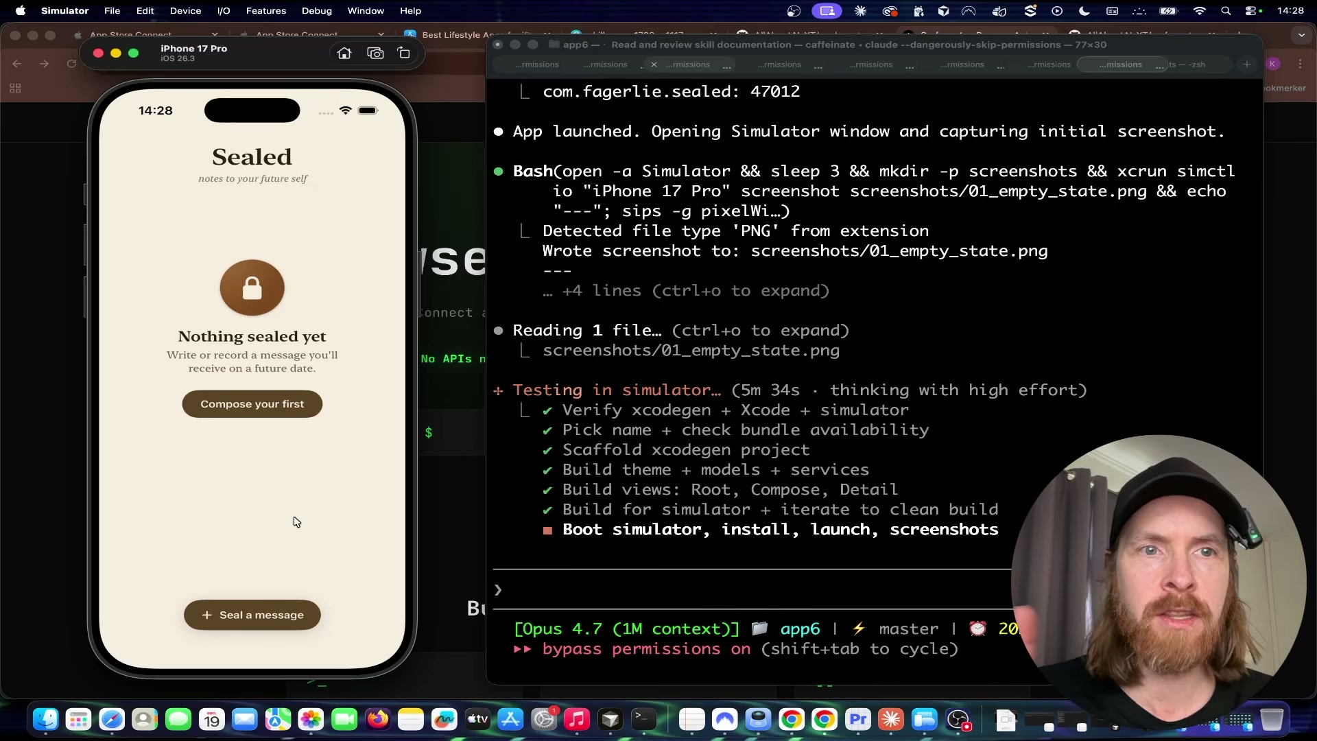 The 'Sealed' app launches in the iPhone 17 Pro Simulator while Claude Code captures automated screenshots — the build pipeline complete.