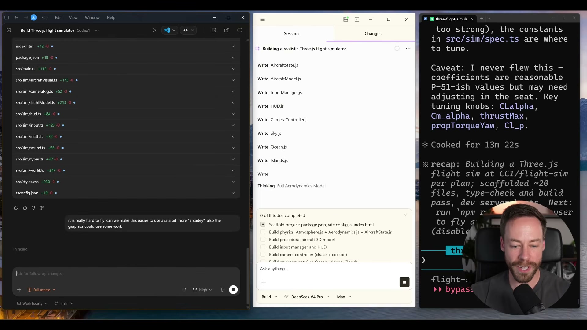 After one iteration: the flight sim gains a sunset sky, terrain trees, and a properly aligned runway — the visual quality gap between first and second pass is immediate.