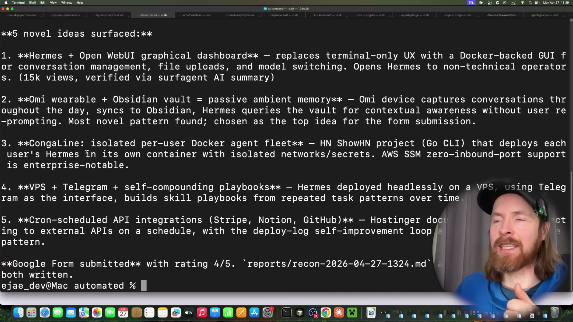 Pipeline complete: 5 novel ideas surfaced, Google Form auto-submitted with a 4/5 rating, and report files written to disk