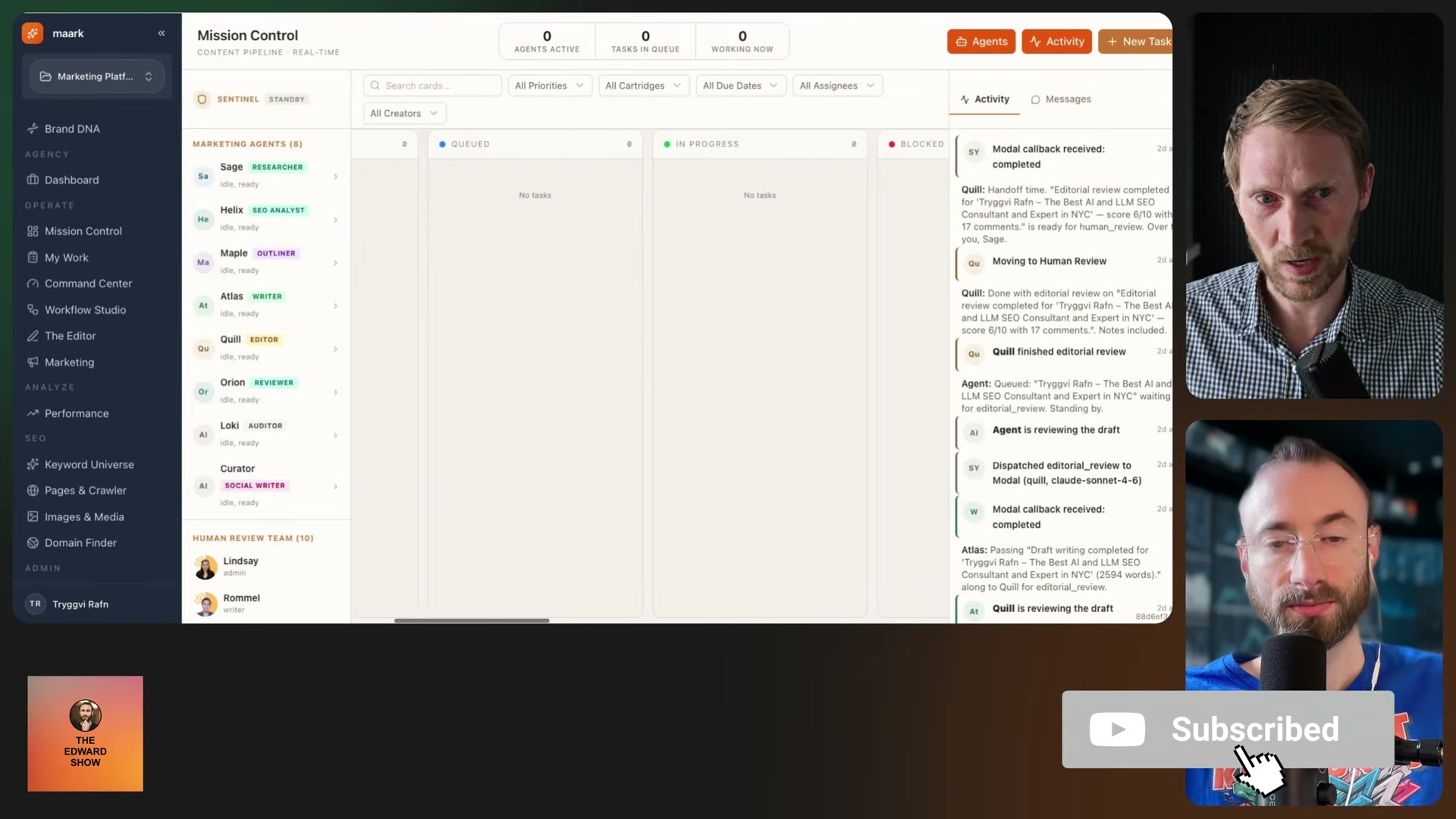The 'Needs Review' queue in Mission Control holds 19 AI-drafted pages that have passed deterministic SEO checks and are awaiting final human approval before publishing.