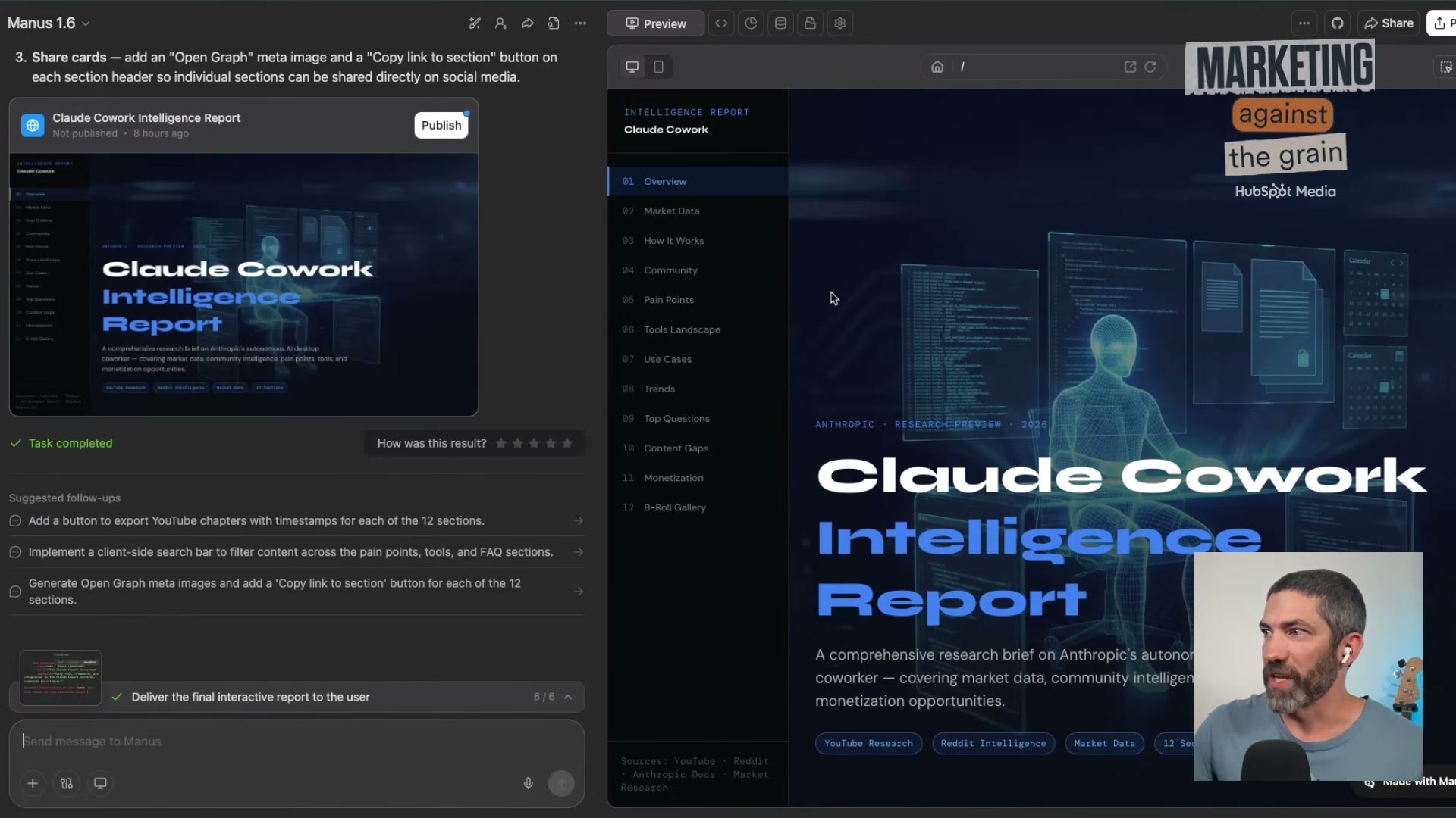 Manus delivers: a polished, branded 'Claude Cowork Intelligence Report' generated autonomously — complete with cover design, research sections, and shareable formatting.