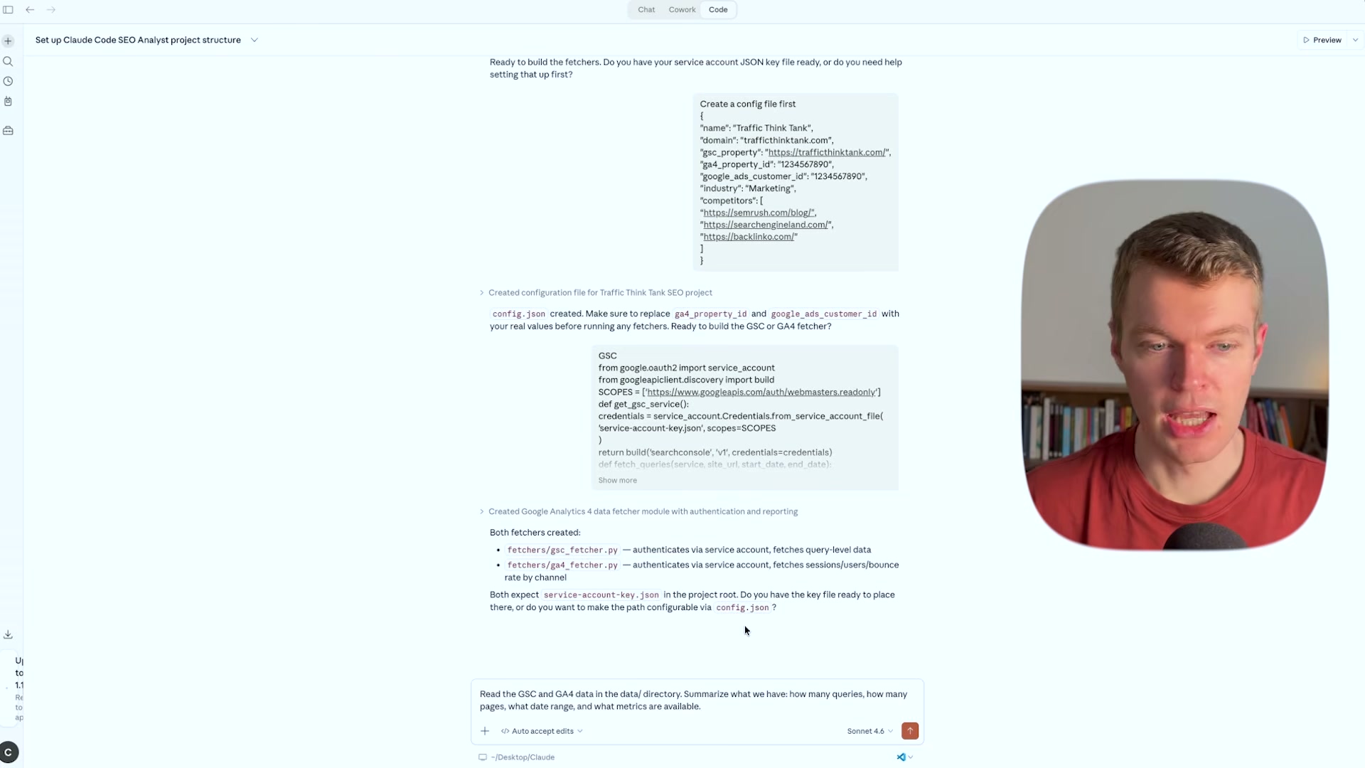Claude Code writes the GSC fetcher — OAuth2 auth, webmasters.readonly scope, and query functions auto-generated