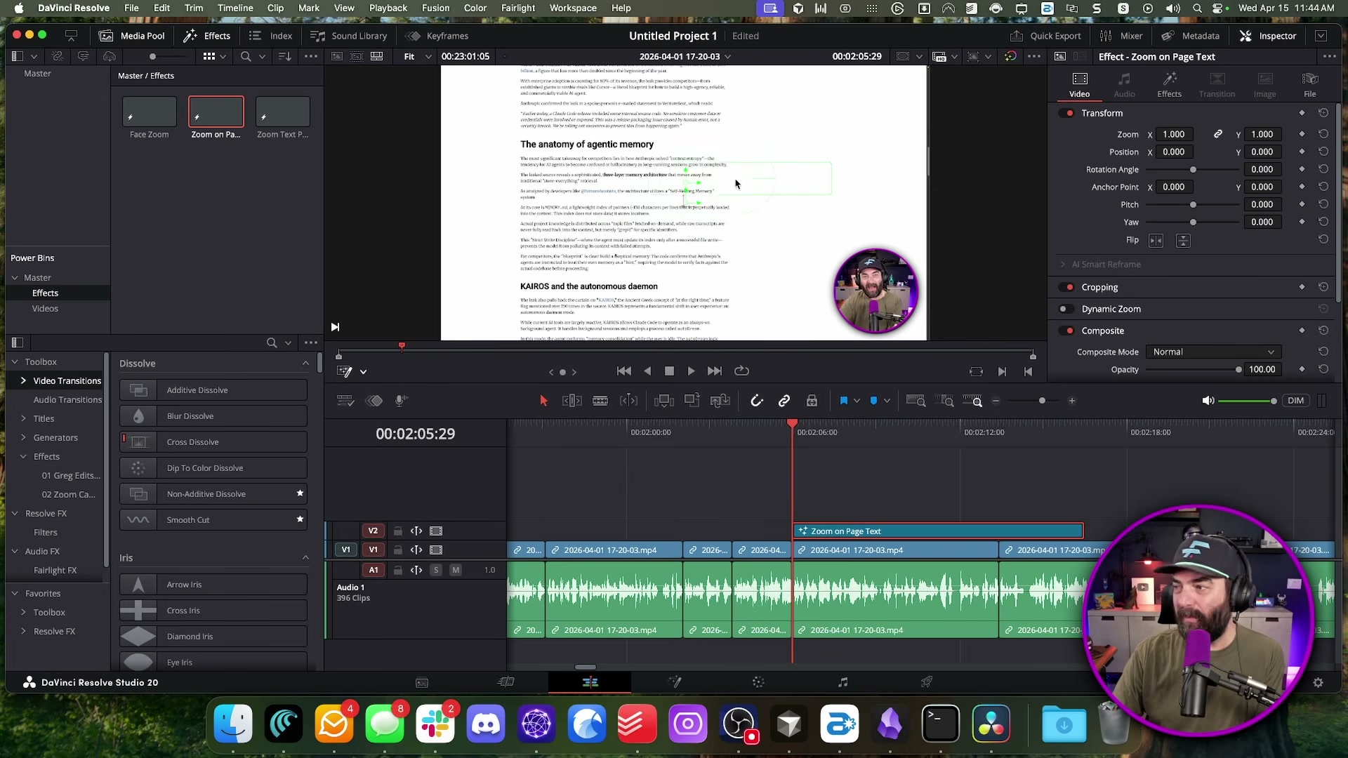 DaVinci Resolve's 'Zoom on Page Text' effect in action — auto-zooming to on-screen articles during editing