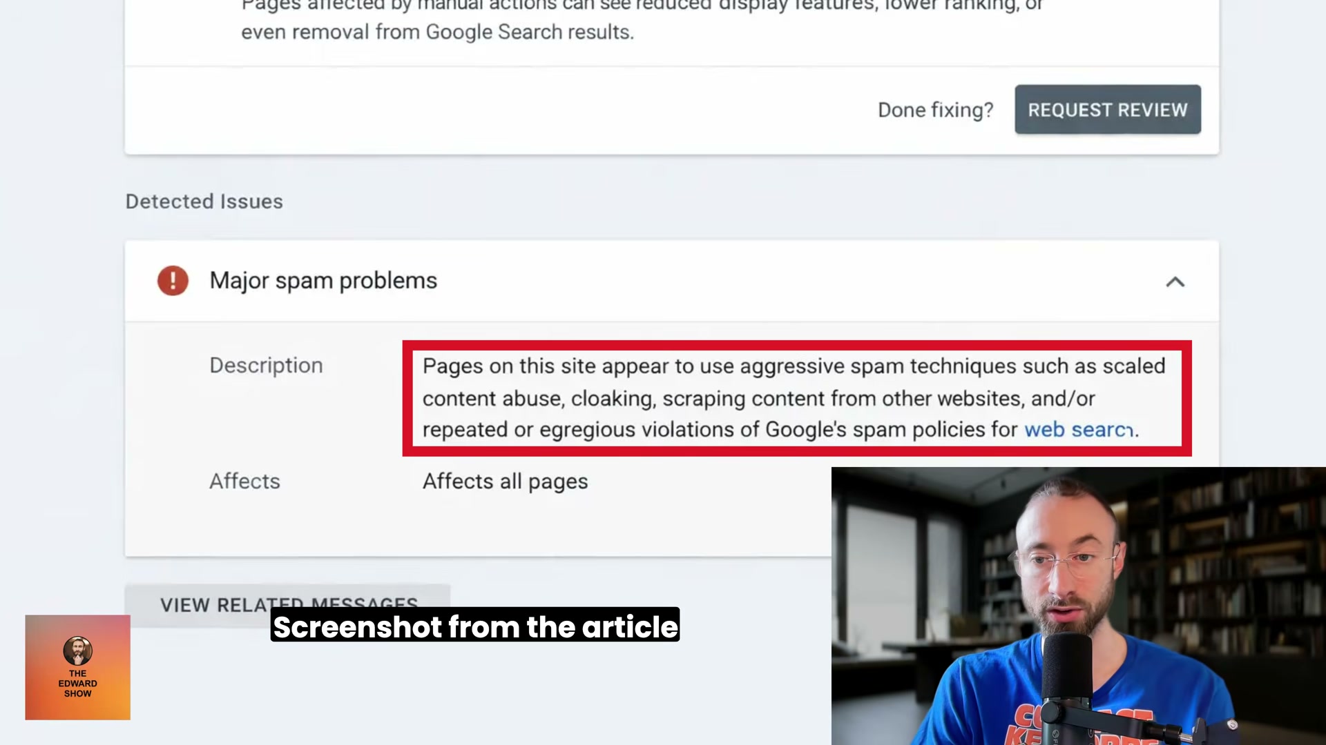 The GSC manual action screen: 'Major spam problems — Affects all pages' and the REQUEST REVIEW button that started the 48-hour reconsideration clock