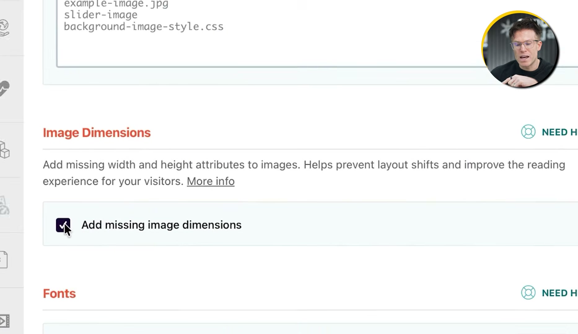 Enable 'Add missing image dimensions' in WP Rocket's Media settings to prevent Cumulative Layout Shift (CLS) — a Core Web Vitals metric that directly affects how AI crawlers score your page stability.