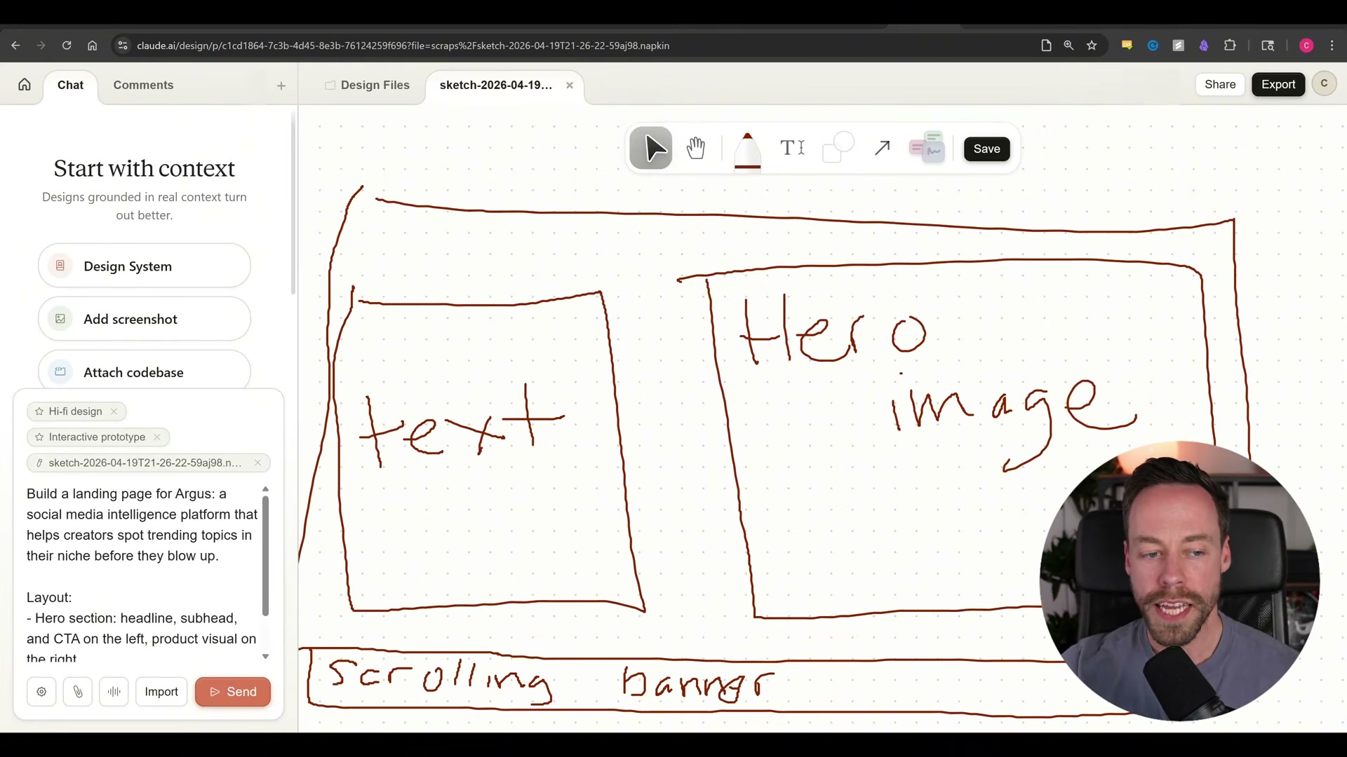 Claude translates your hand-drawn layout directly into a structured generation prompt — the sketch becomes the spec without you writing a word.