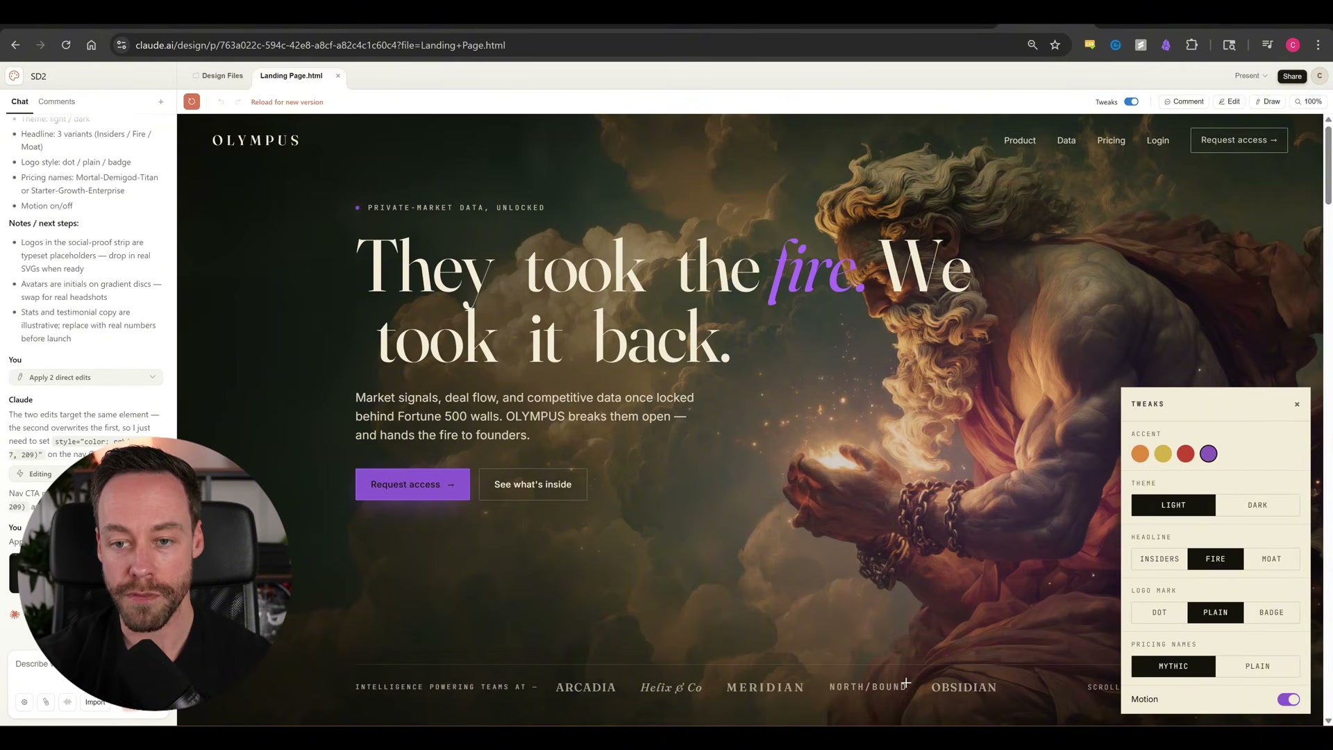 Final OLYMPUS page with Tweaks dialed in: violet accent, FIRE headline variant, and MYTHIC pricing tier names — all changed without touching a single line of code.