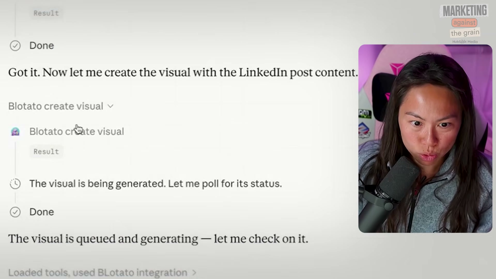 Live MCP handoff: Claude calls the Blotato create_visual tool, polls for completion, and confirms the infographic is queued — no manual steps