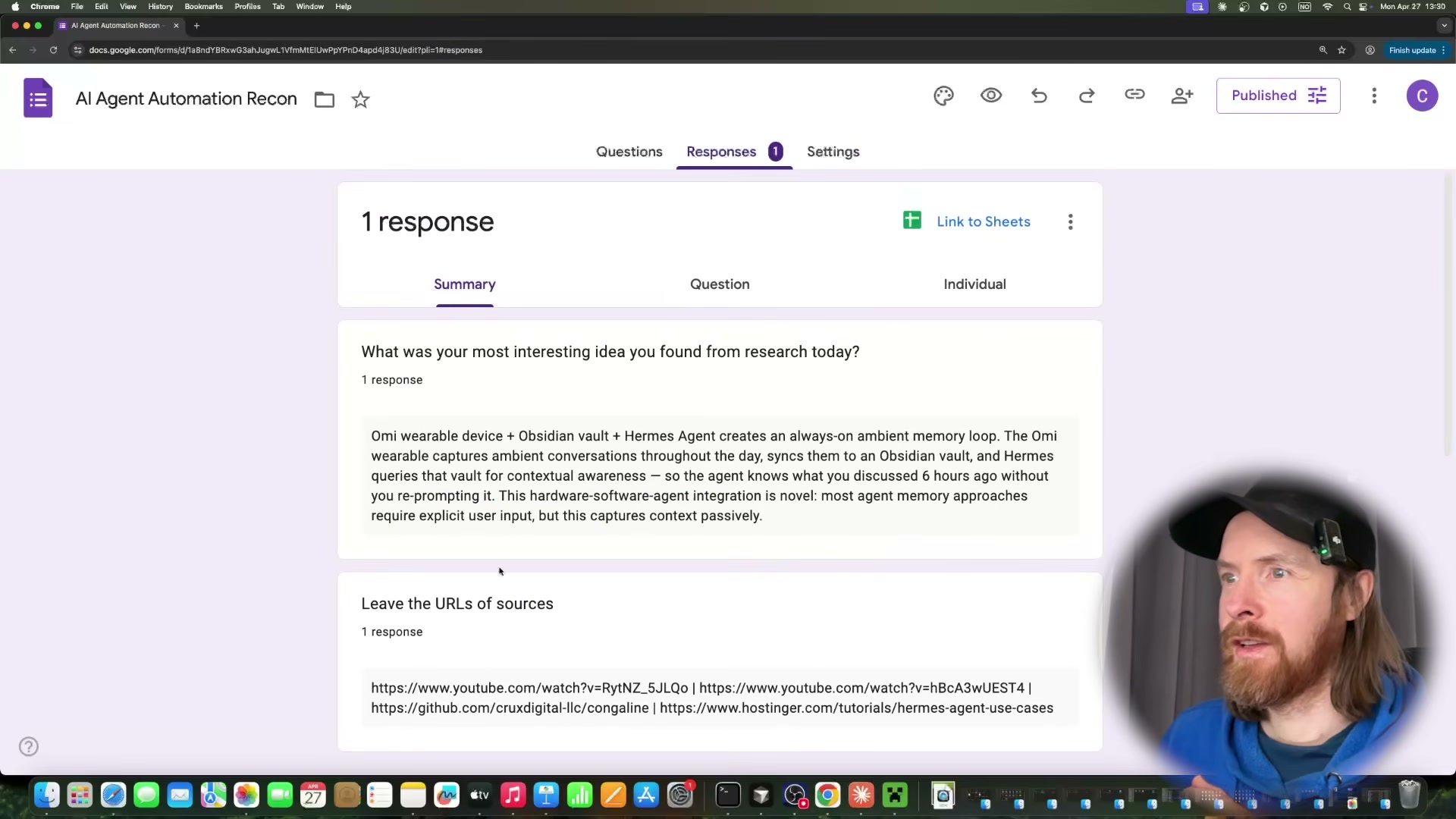 Google Forms confirms the agent's submission: the Omi + Obsidian + Hermes ambient memory loop idea, sources included