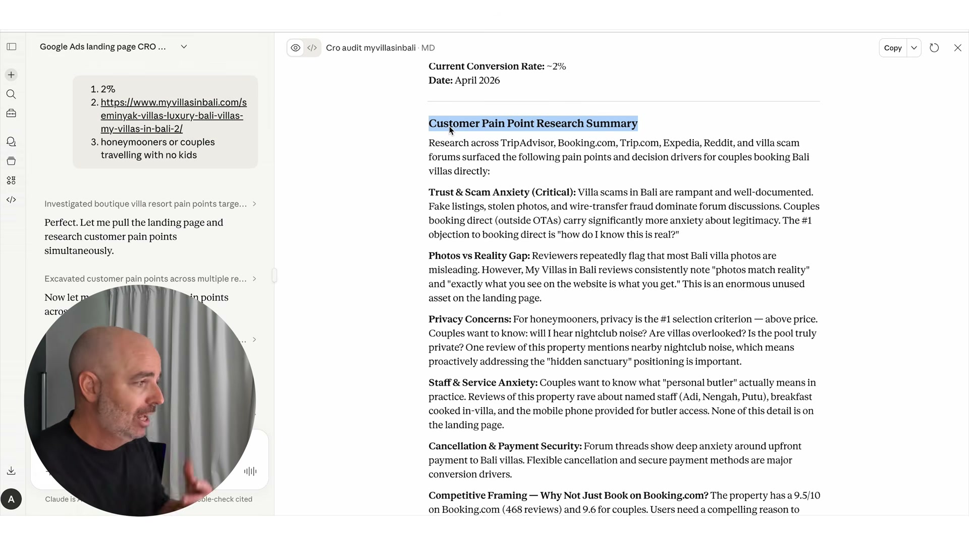Claude's live pain point research surfaces 6 conversion-critical insights from TripAdvisor, Booking.com, and Reddit — feeding directly into the landing page rewrite