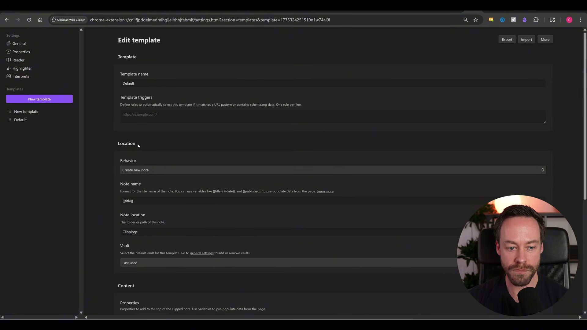 Configure the Web Clipper template: set Note location to your raw/ folder path so every clipped page lands directly in your vault's inbox, ready for the LLM to process.
