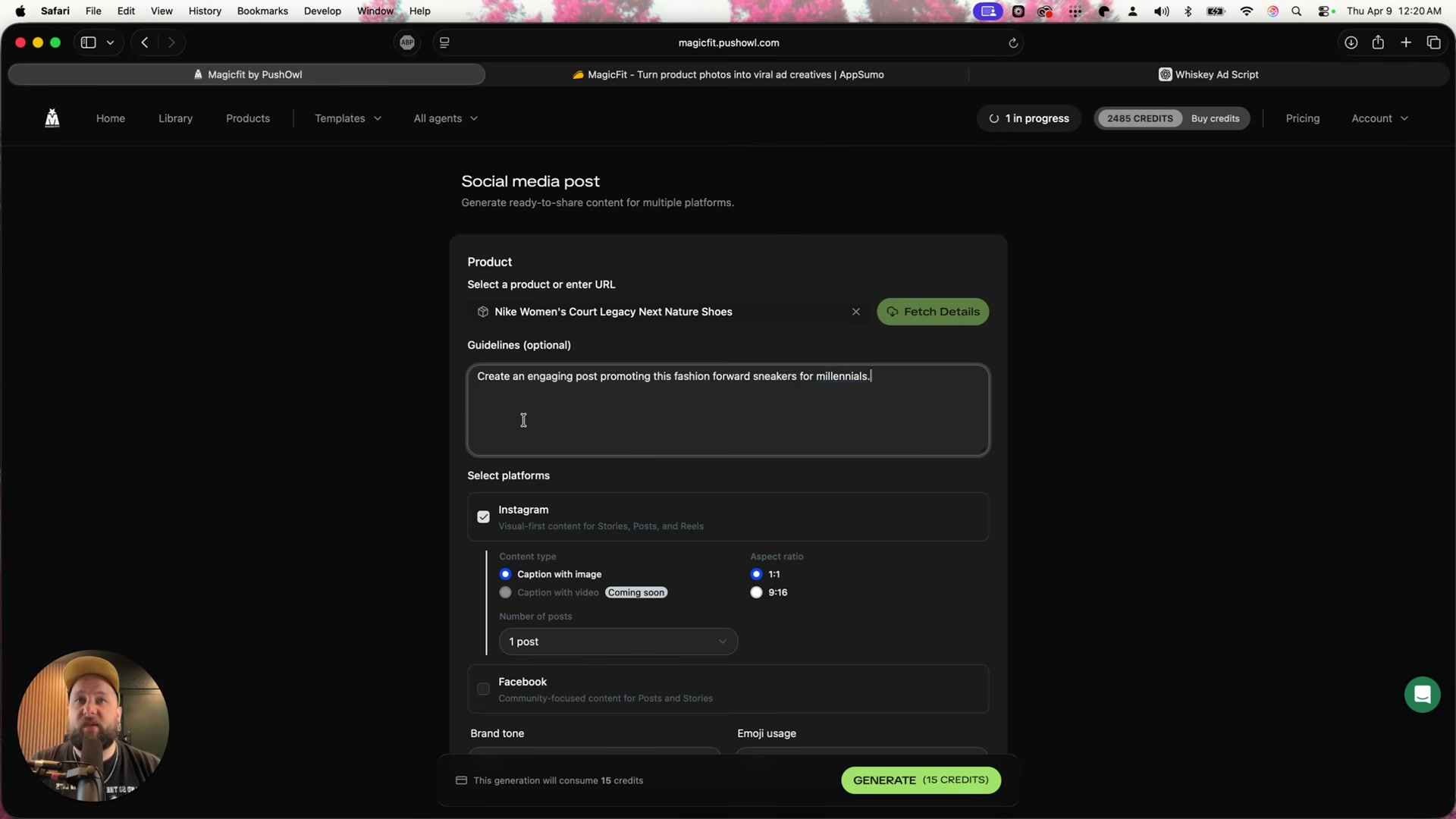 Social media post generator: select product, write guidelines, pick platforms and format — one click to caption + image