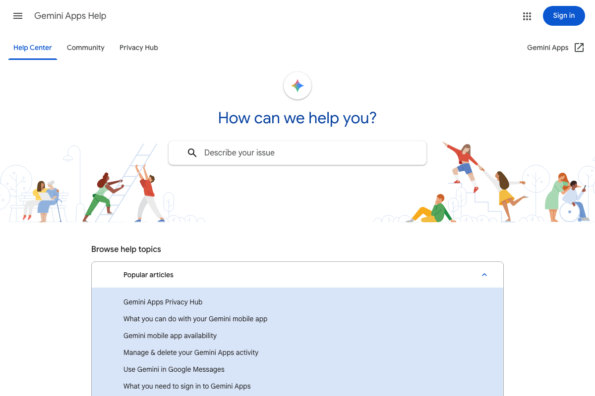 Gemini Apps Help Center homepage confirming image generation as a documented Gemini Apps feature.
