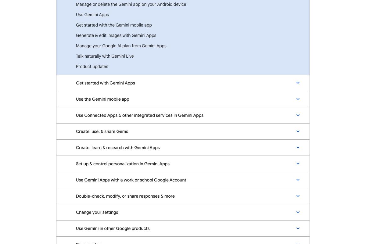 Gemini Apps Help topic index showing categories for mobile app use, Gems, research, and using Gemini in other Google products.