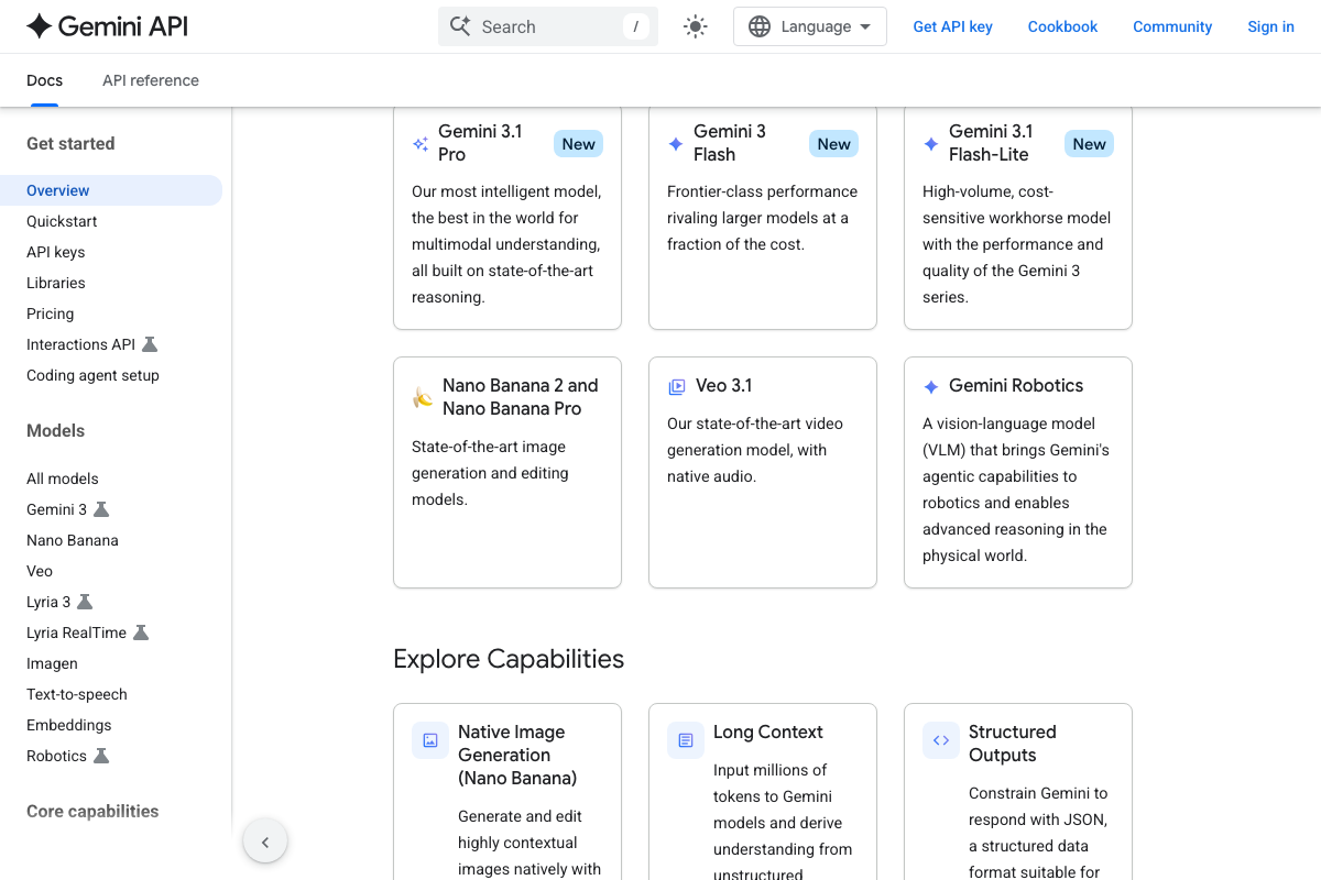 Gemini API model catalog showing Gemini 3.1 Pro, Gemini 3 Flash, and Gemini 3.1 Flash-Lite — all marked New as of April 2026.
