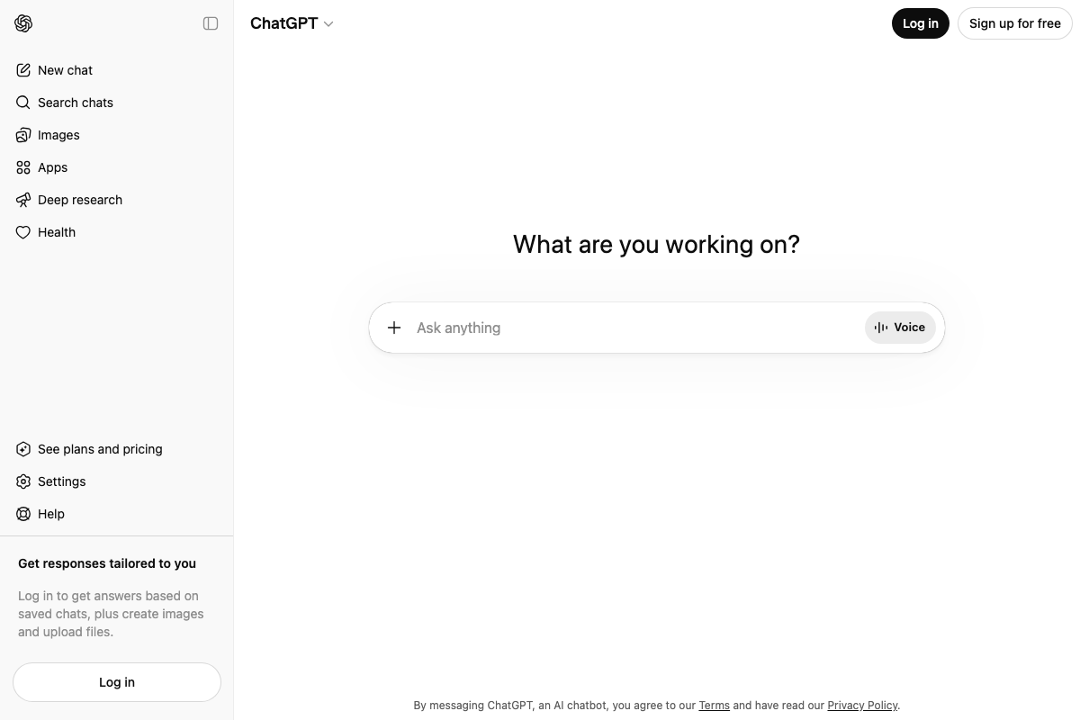 ChatGPT sidebar showing Deep research, Images, Apps, Voice, and Health features beyond what the tutorial references
