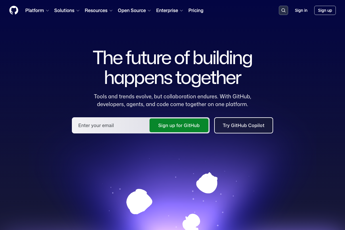 GitHub homepage as of April 2026, with GitHub Copilot featured as a primary CTA alongside standard repository sign-up.