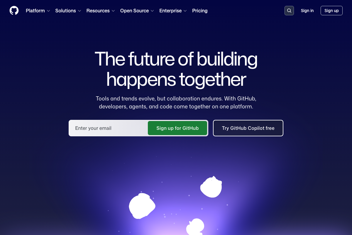 GitHub homepage confirms the platform for Step 2 repository creation.