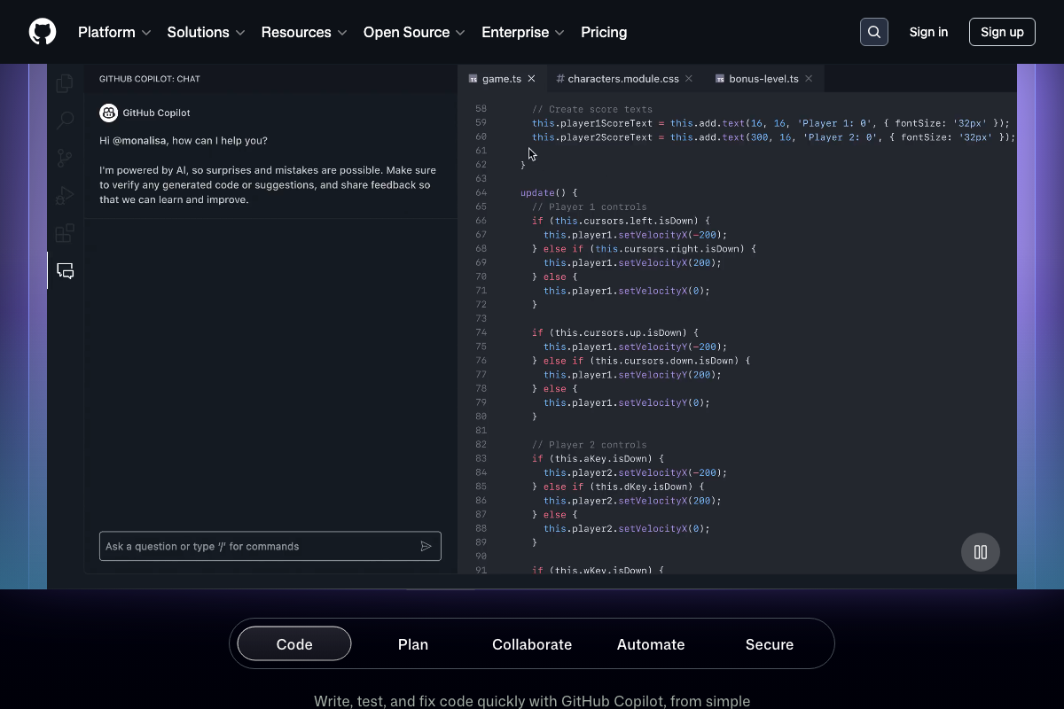 GitHub Copilot in-editor chat and workflow tabs (Code, Plan, Collaborate, Automate, Secure) — AI-assisted development as a multi-stage, token-consuming workflow not addressed in the tutorial's department mapping.