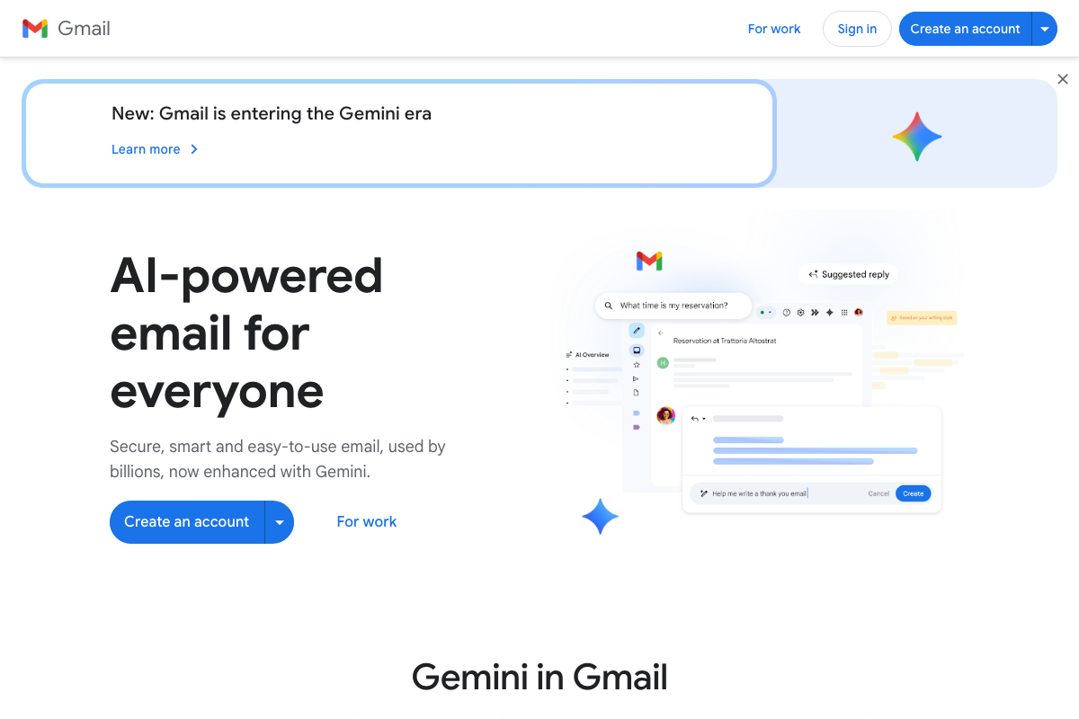 Gmail homepage describing Gemini AI features as available 'for everyone' — no Ultra plan restriction is listed.