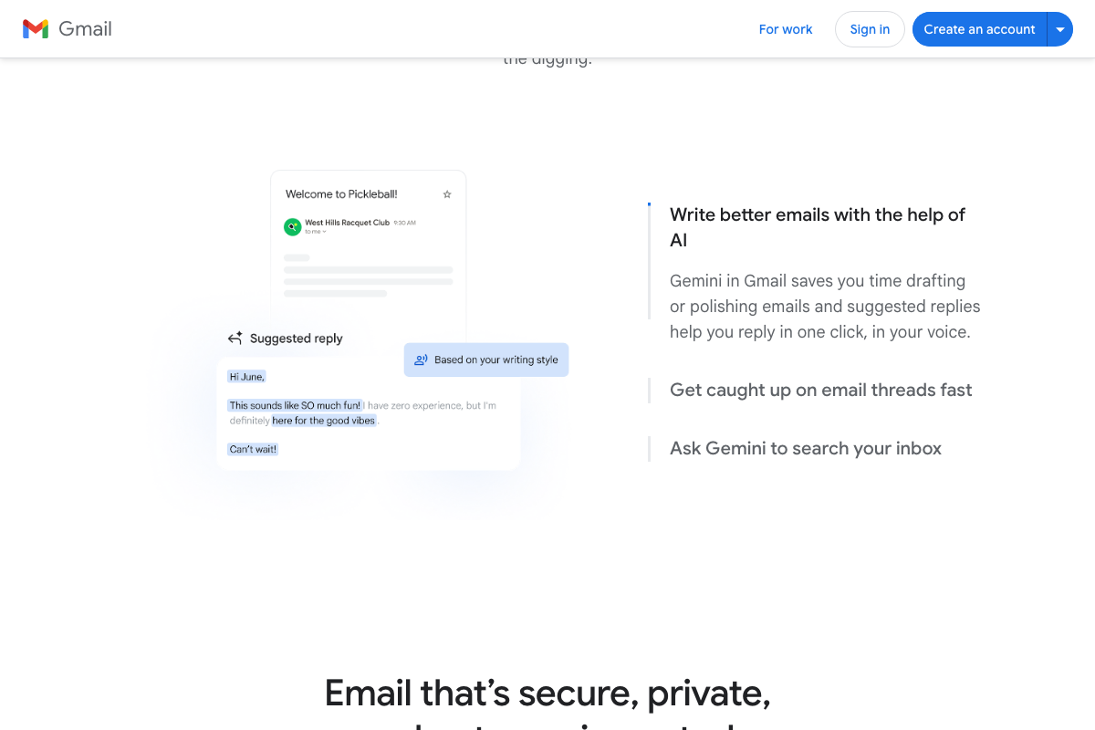 Gmail AI features page showing Gemini-powered drafting, thread summarization, and inbox search — 'email prioritization' and 'daily briefings' are not listed.