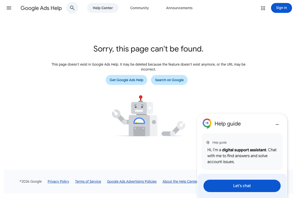 Google Ads Help error page for answer/11338950 — the Channel Performance report documentation returns 404 as of April 2026.