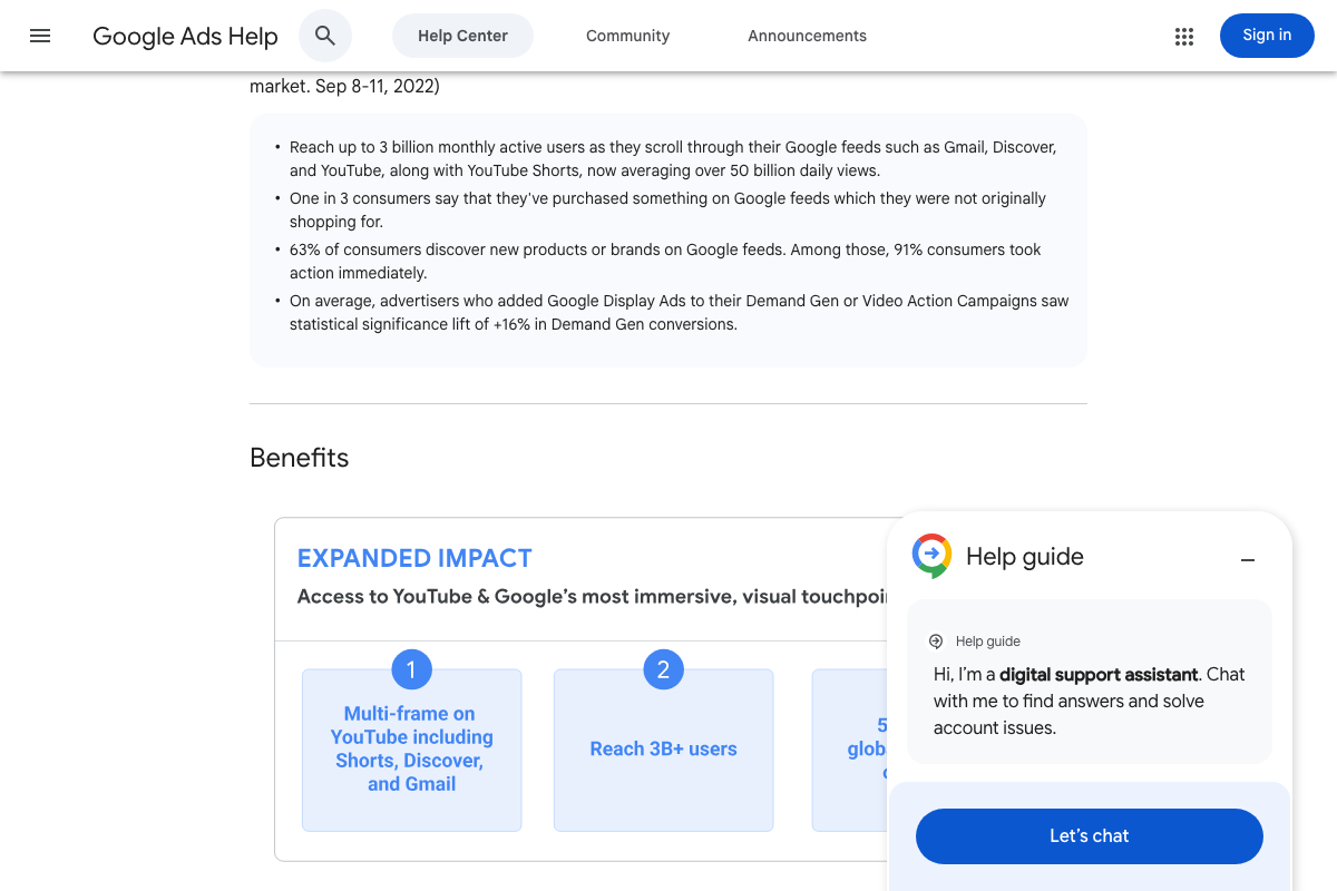 Demand Gen reach stats: 3B+ monthly users, 50B+ daily Shorts views, and +16% conversion lift when Display Ads are added — channel-scale context, not Search campaign prioritization methodology.